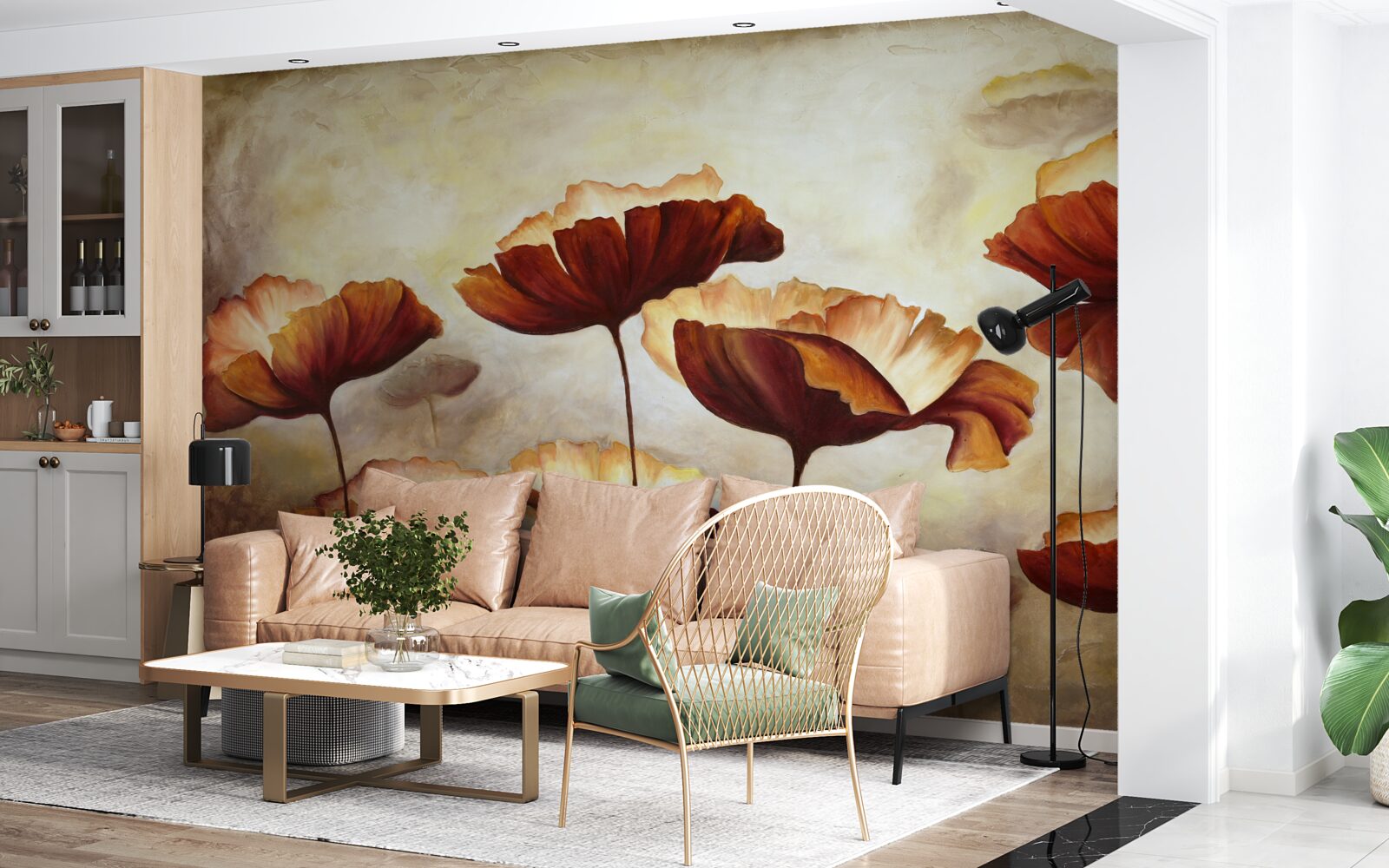 Fotobehang slanke rode klaprozen ontmoeten de dageraad