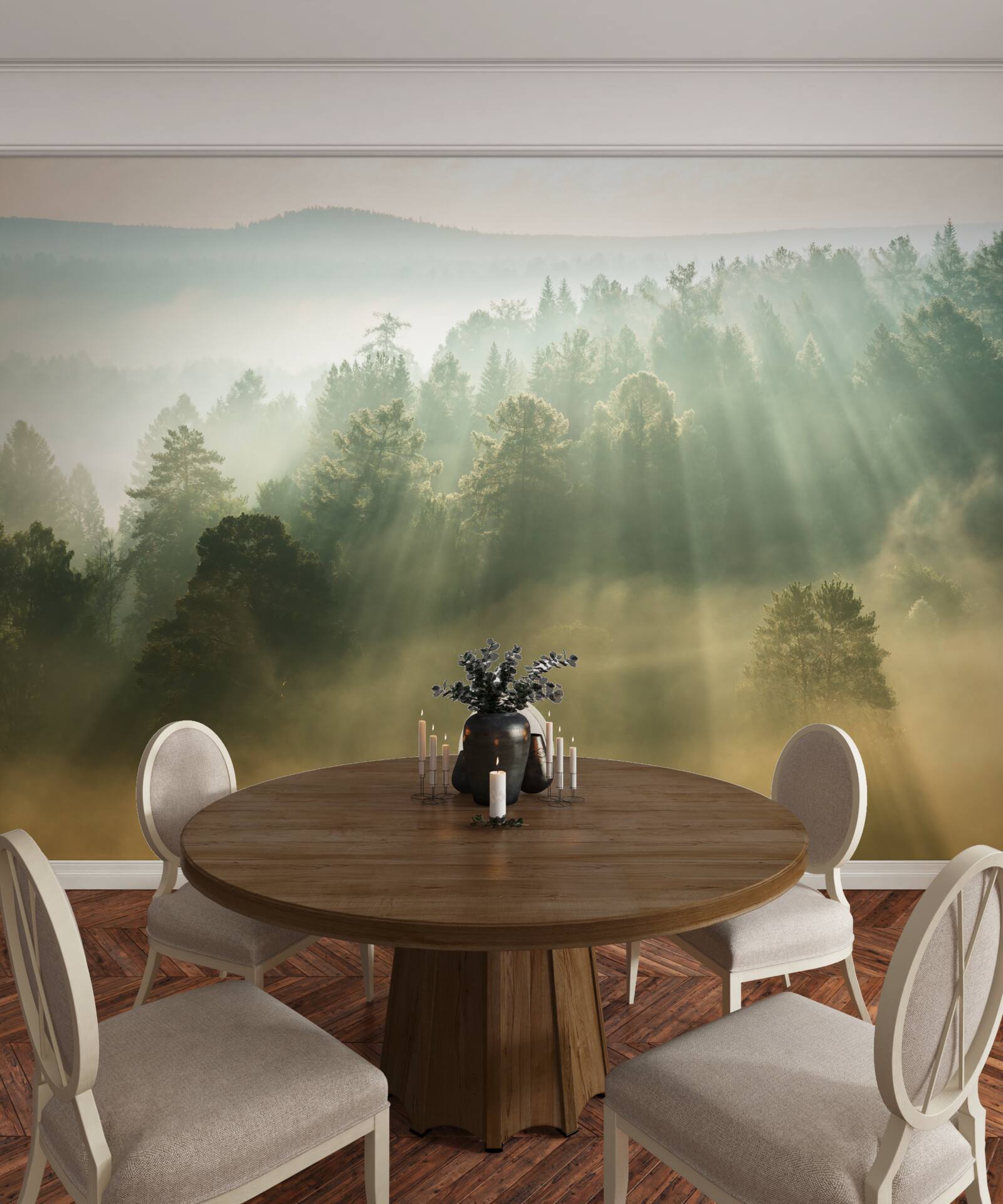 Fotobehang in het bos verdwijnt de dichte mist onder invloed van de zon