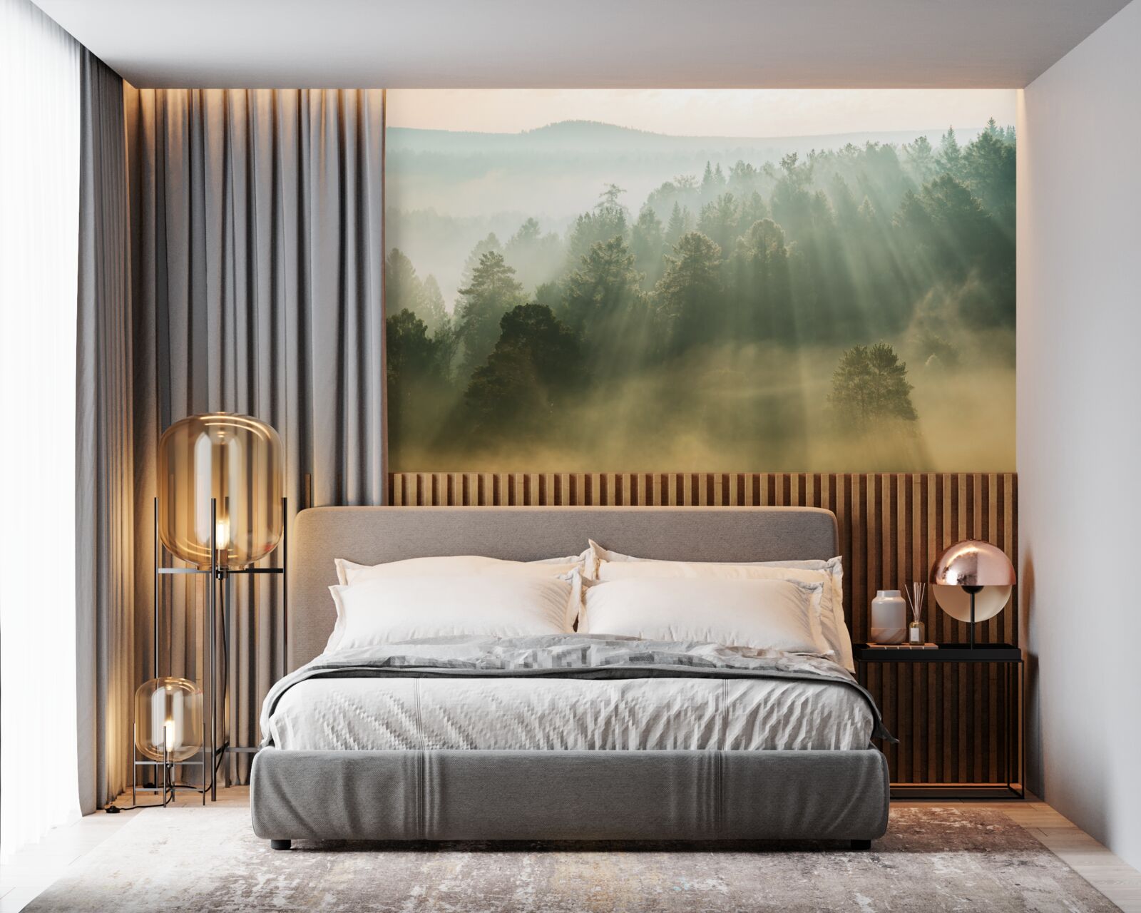 Fotobehang in het bos verdwijnt de dichte mist onder invloed van de zon