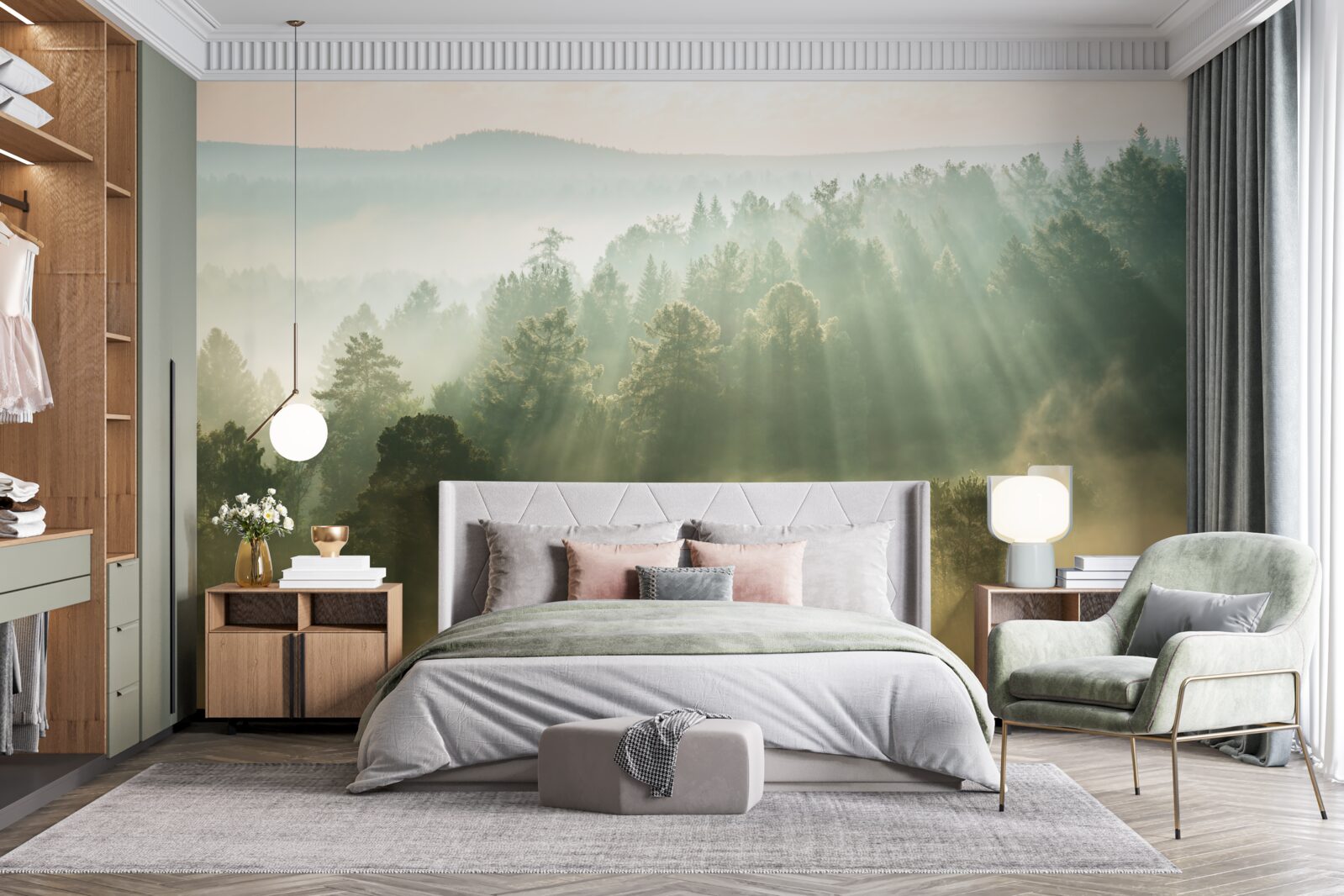 Fotobehang in het bos verdwijnt de dichte mist onder invloed van de zon