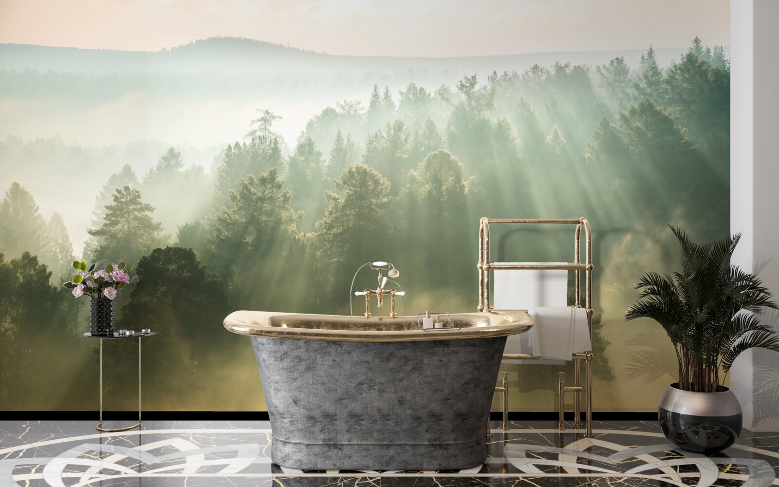 Fotobehang in het bos verdwijnt de dichte mist onder invloed van de zon