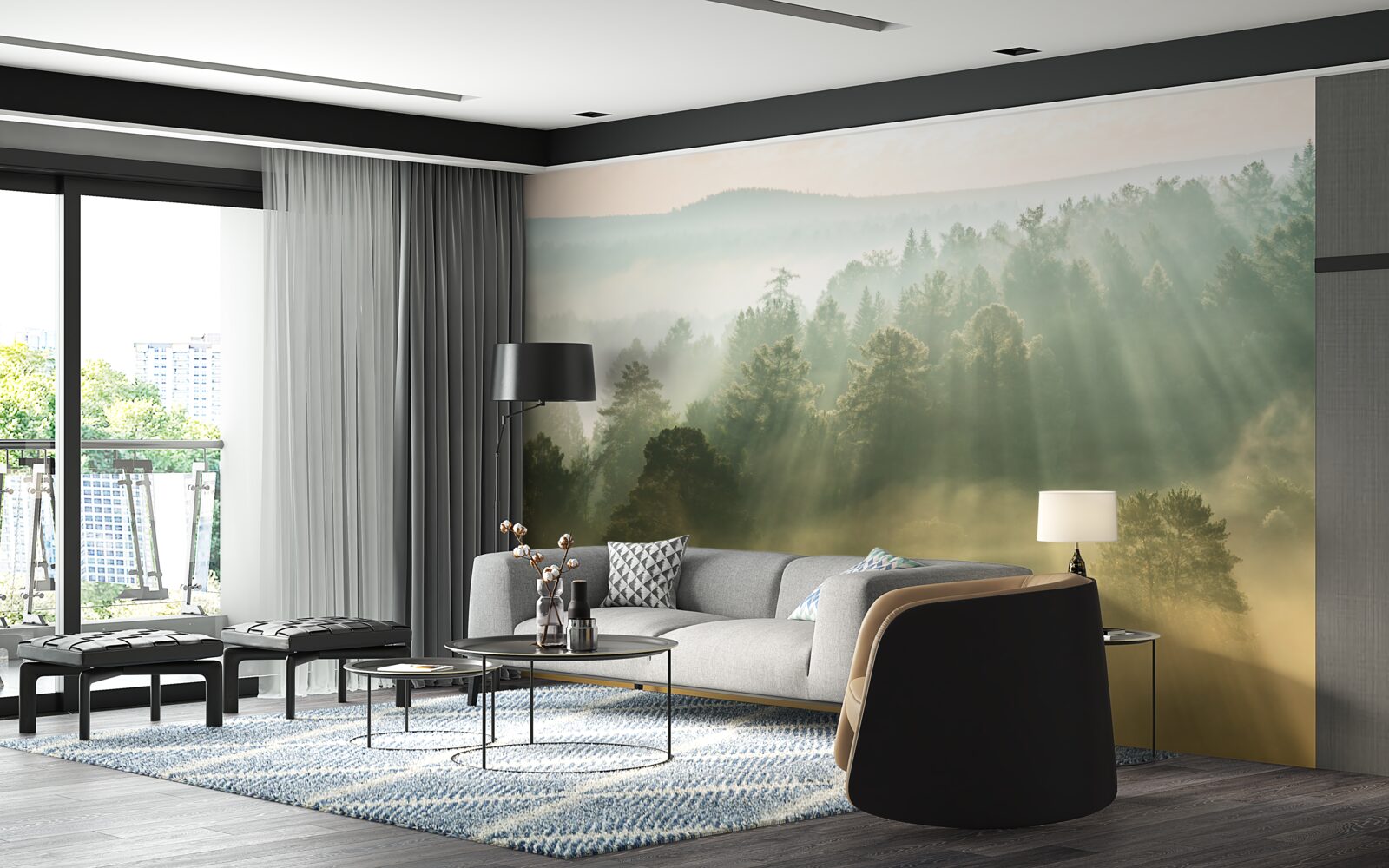 Fotobehang in het bos verdwijnt de dichte mist onder invloed van de zon