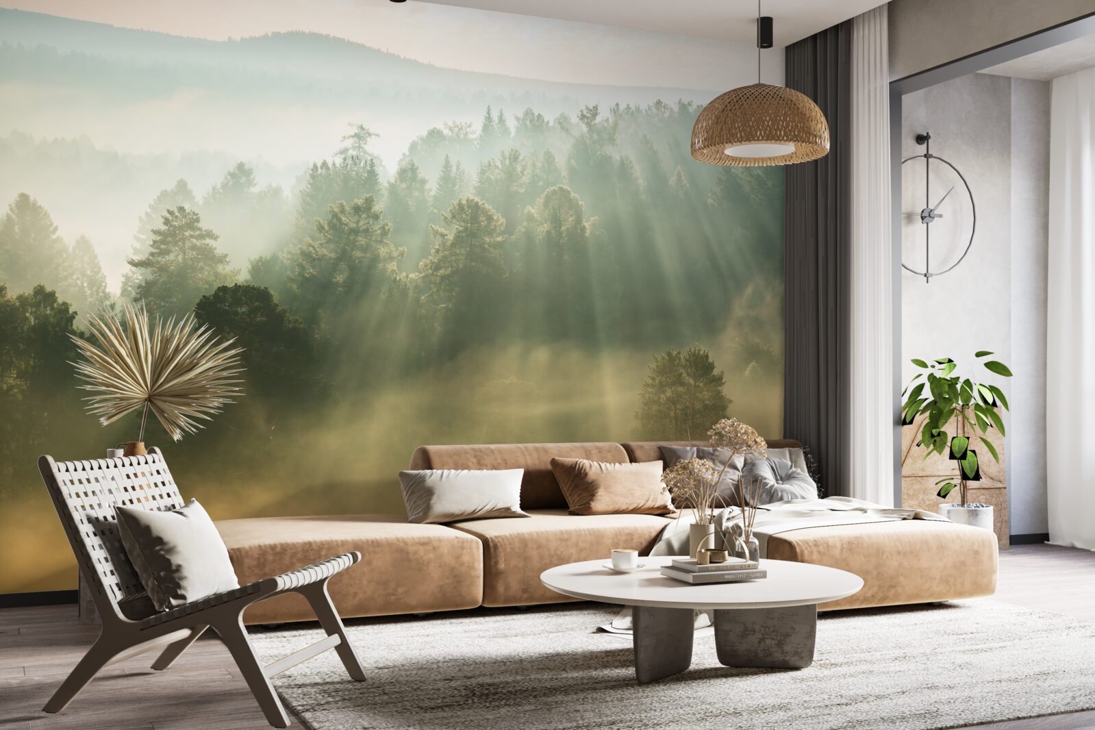 Fotobehang in het bos verdwijnt de dichte mist onder invloed van de zon