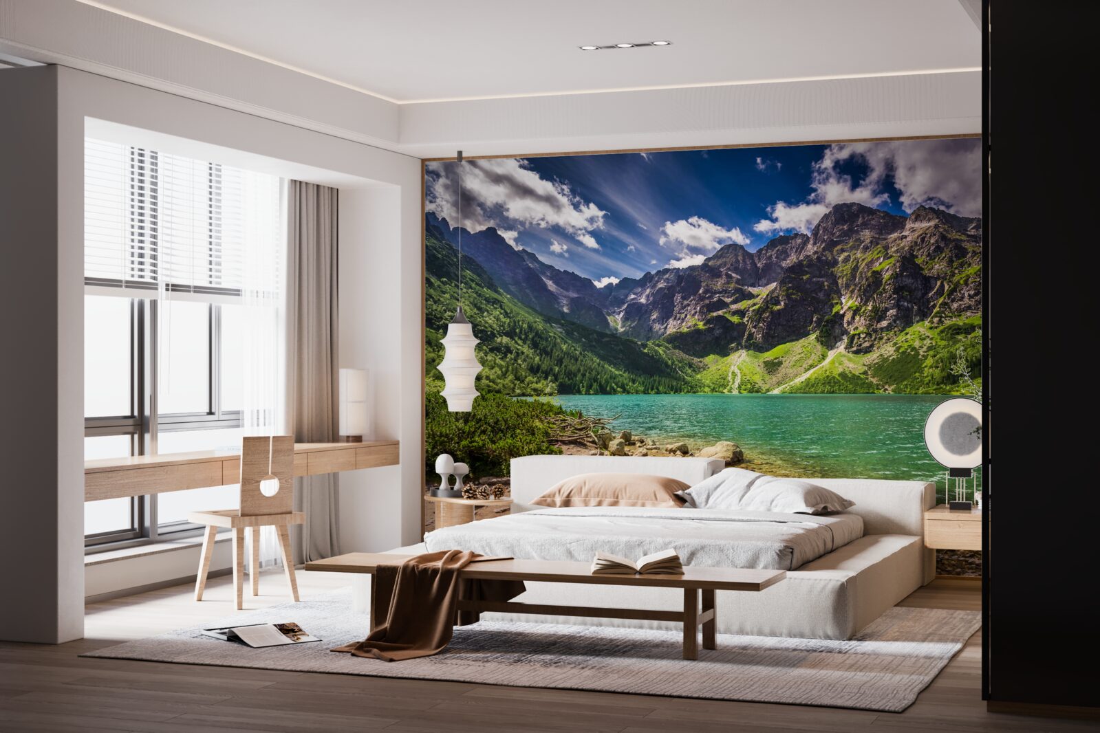 Fotobehang een zomerse dag bij een meer omringd door groene bergen