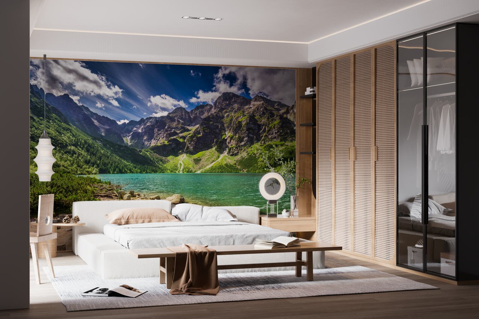 Fotobehang een zomerse dag bij een meer omringd door groene bergen