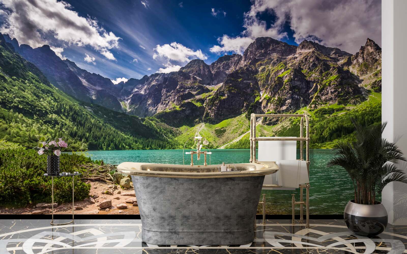 Fotobehang een zomerse dag bij een meer omringd door groene bergen