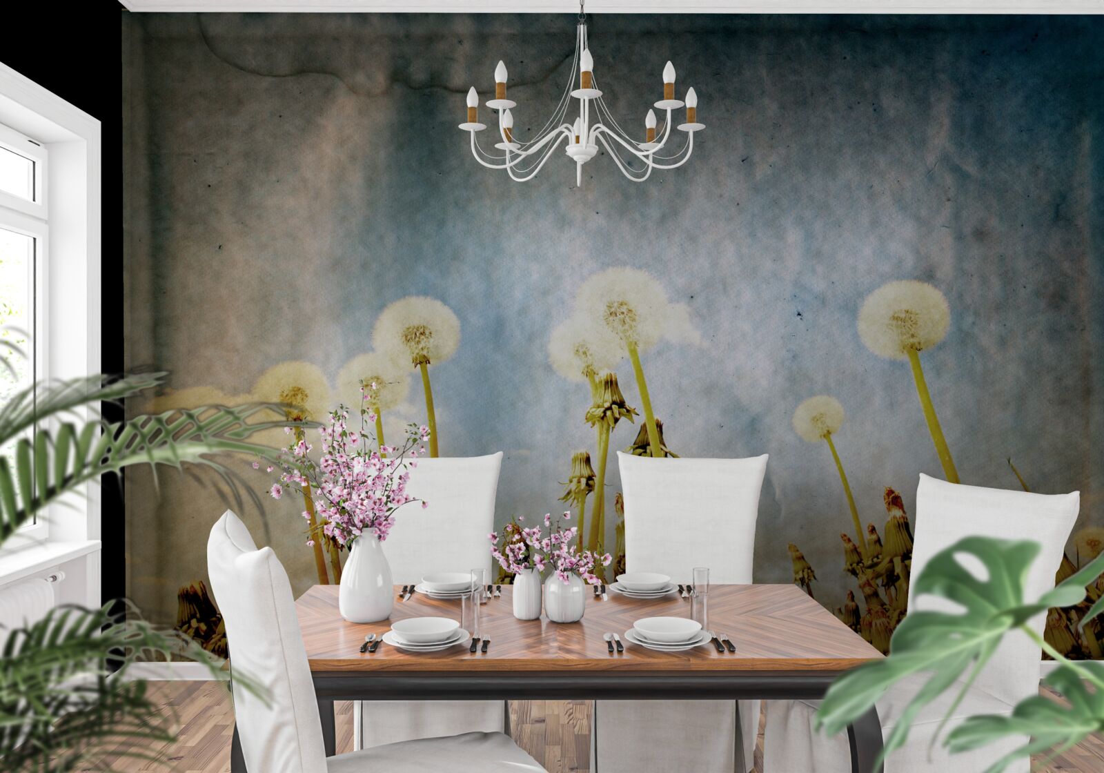 Fotobehang zonsondergang wordt begroet door sierlijke paardenbloemen