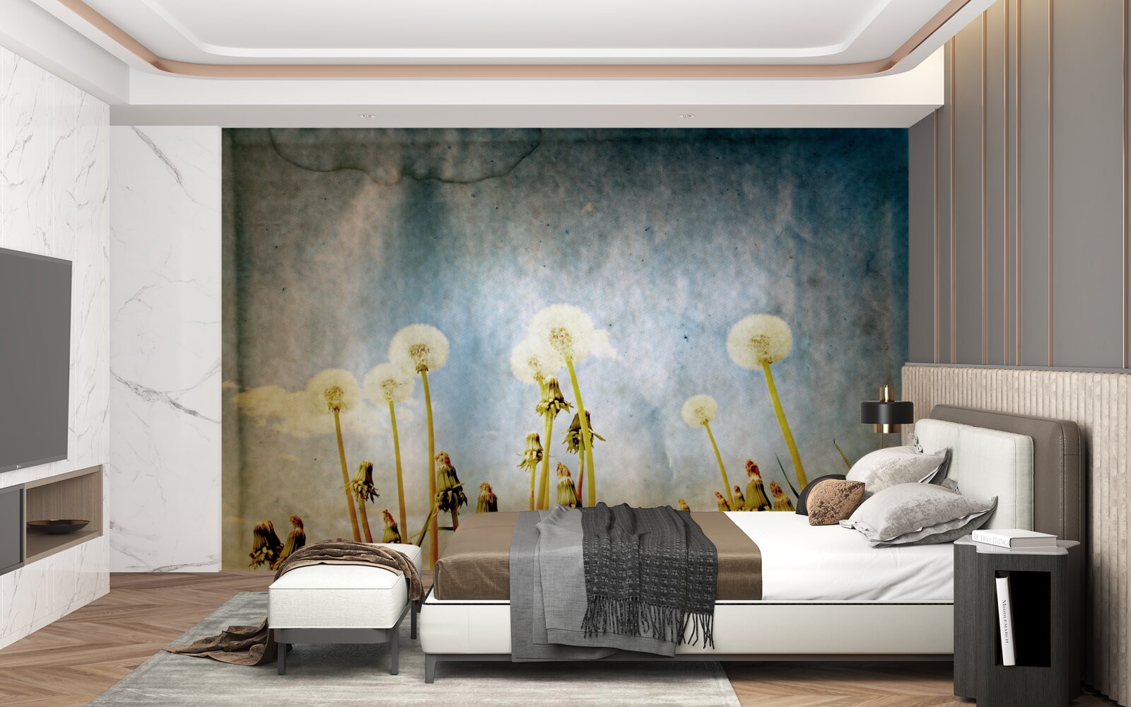 Fotobehang zonsondergang wordt begroet door sierlijke paardenbloemen