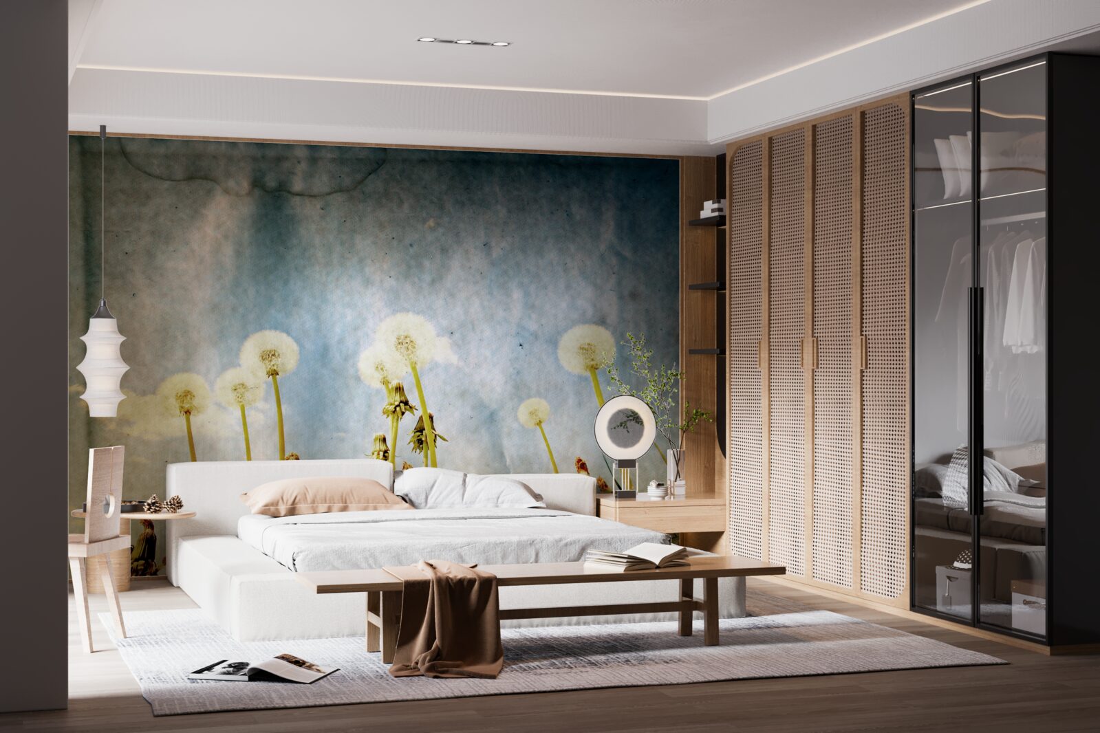 Fotobehang zonsondergang wordt begroet door sierlijke paardenbloemen