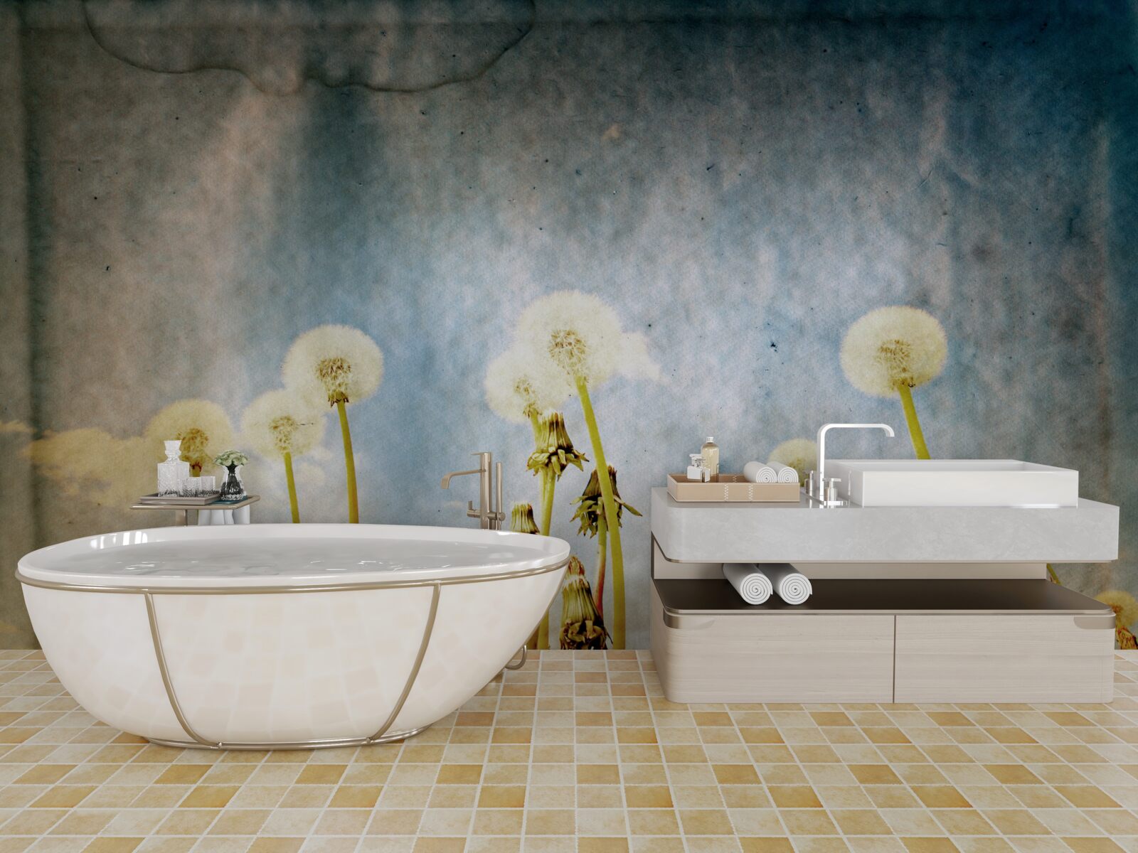 Fotobehang zonsondergang wordt begroet door sierlijke paardenbloemen