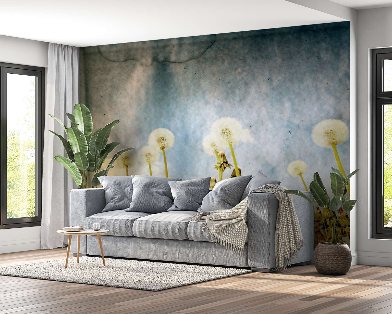 Fotobehang zonsondergang wordt begroet door sierlijke paardenbloemen