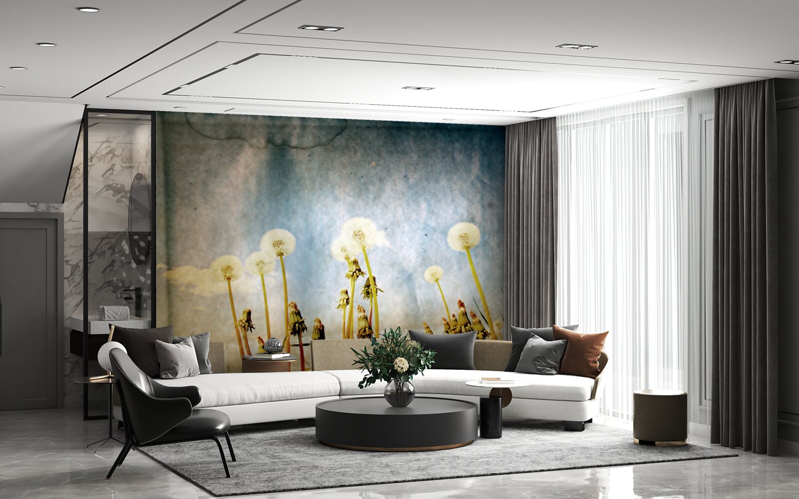 Fotobehang zonsondergang wordt begroet door sierlijke paardenbloemen