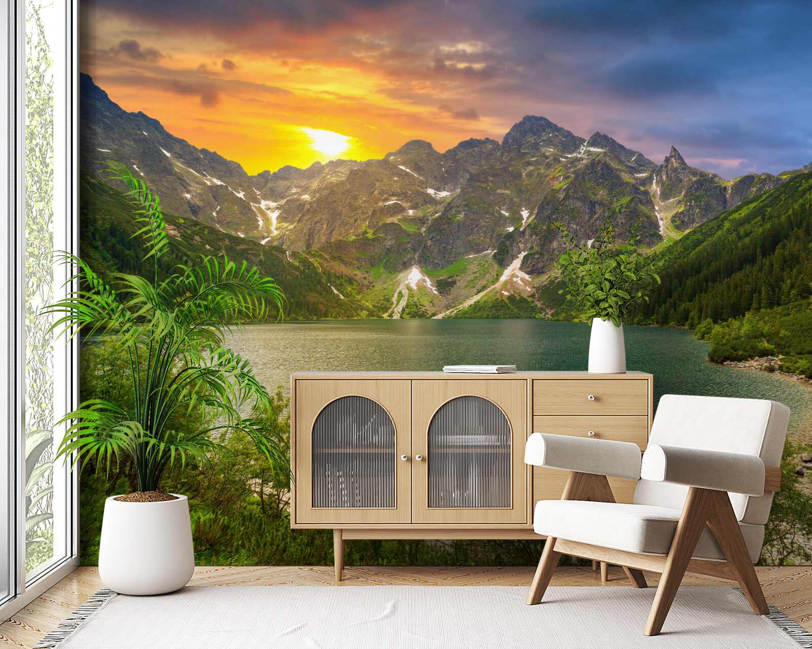 Fotobehang spectaculaire zonsondergang achter de bergketens bij het meer