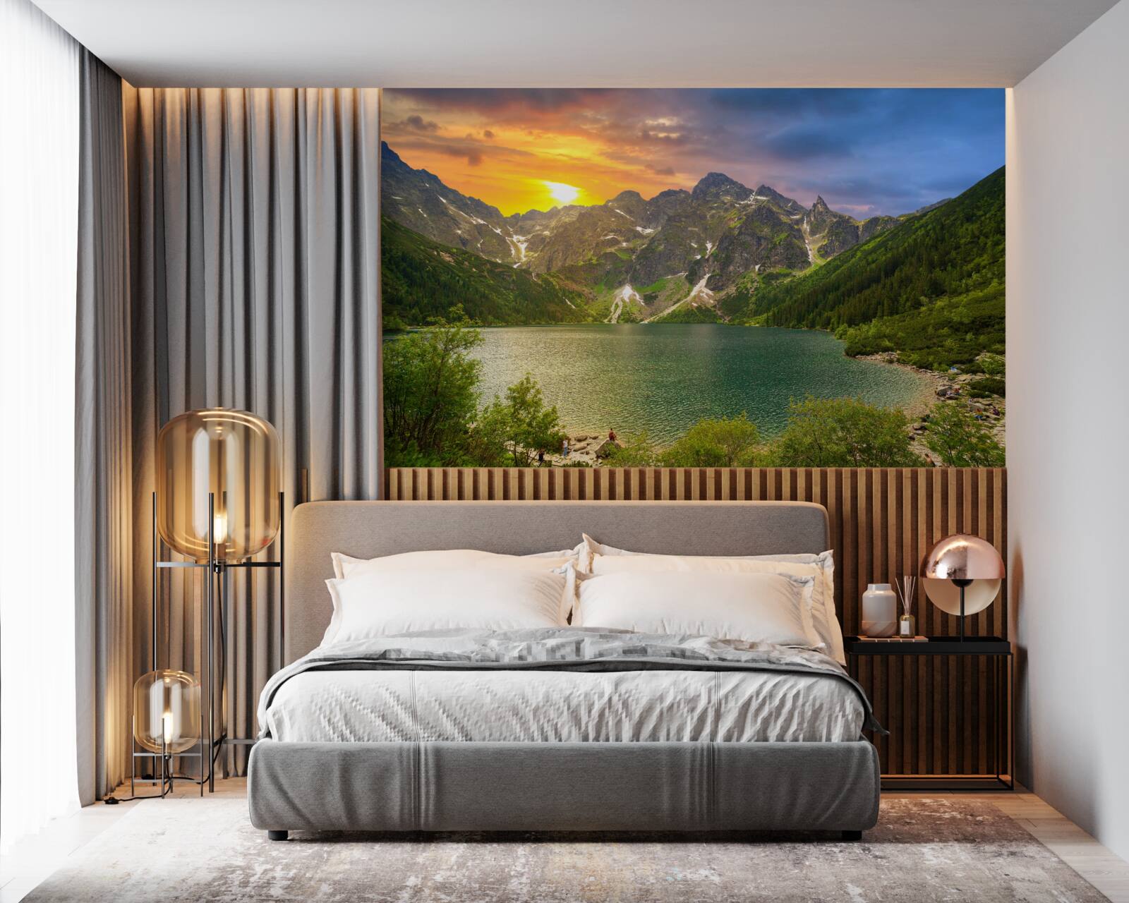 Fotobehang spectaculaire zonsondergang achter de bergketens bij het meer