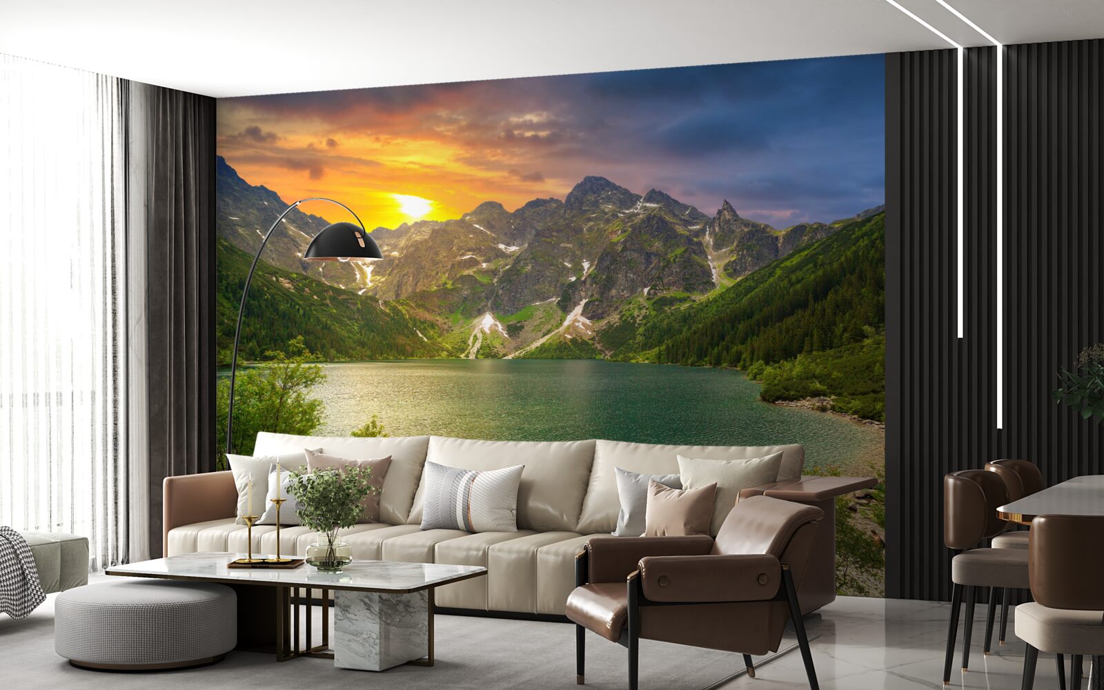 Fotobehang spectaculaire zonsondergang achter de bergketens bij het meer