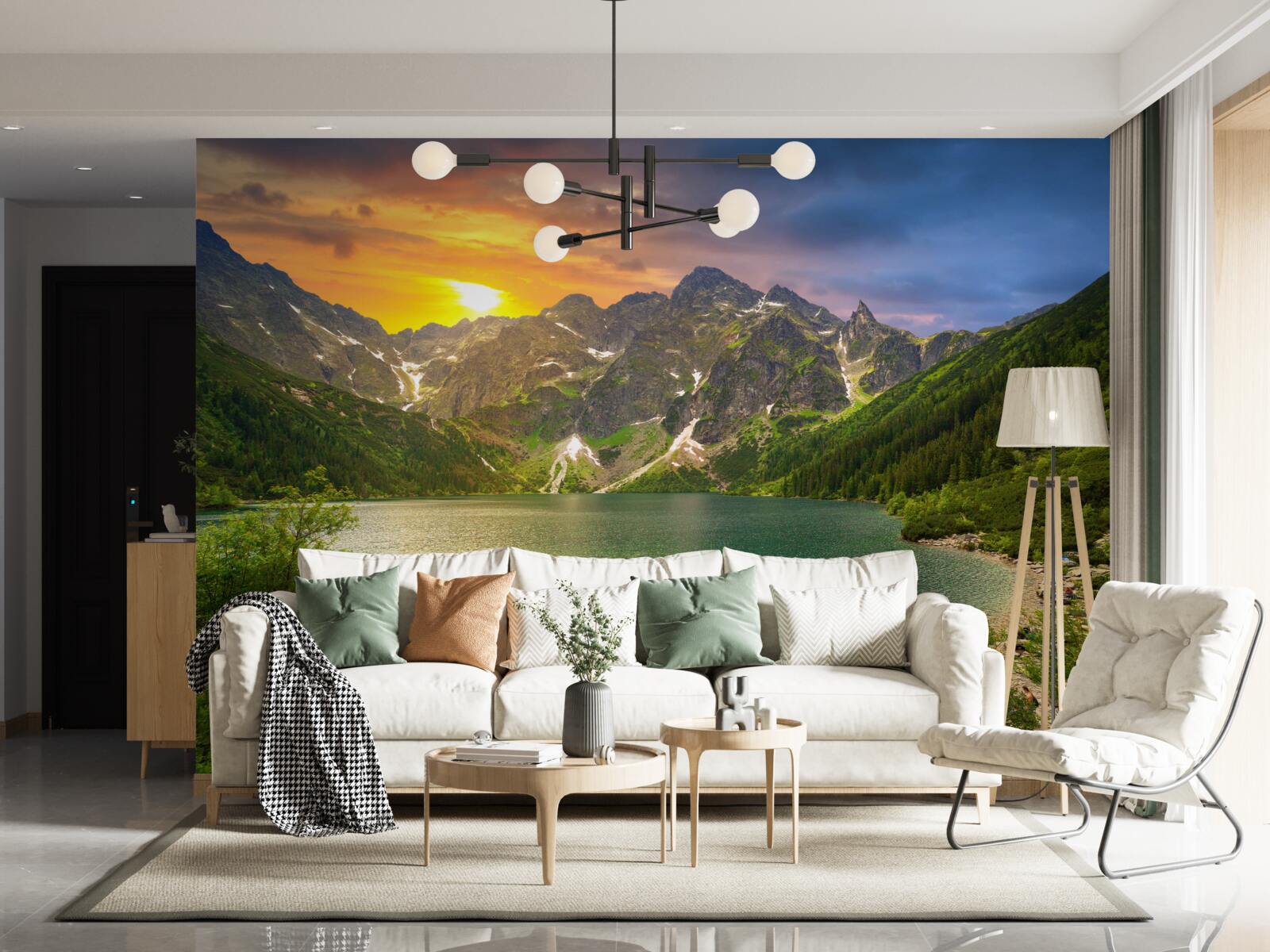 Fotobehang spectaculaire zonsondergang achter de bergketens bij het meer