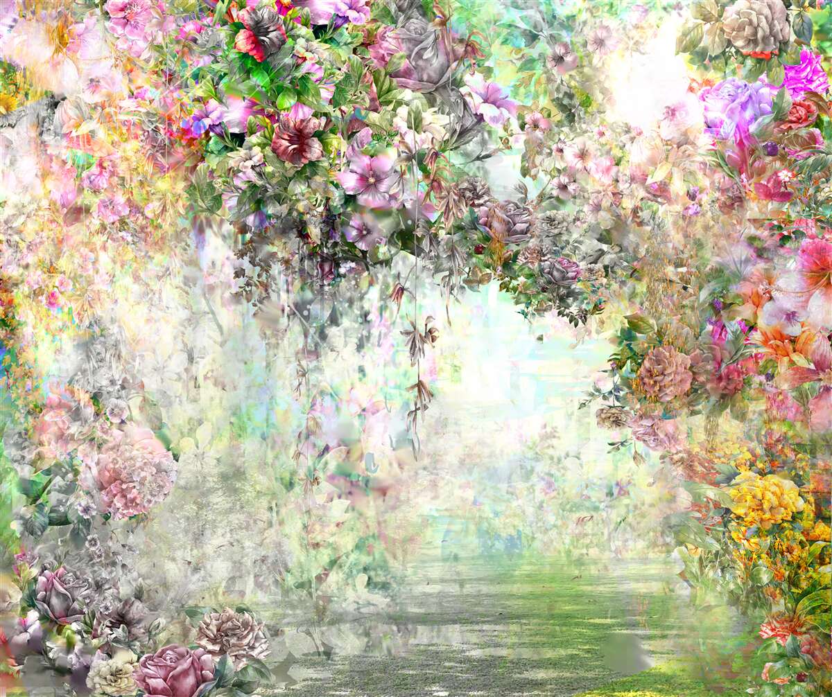 Fotobehang schilderachtig zomerpad bezaaid met bloemen in het bos