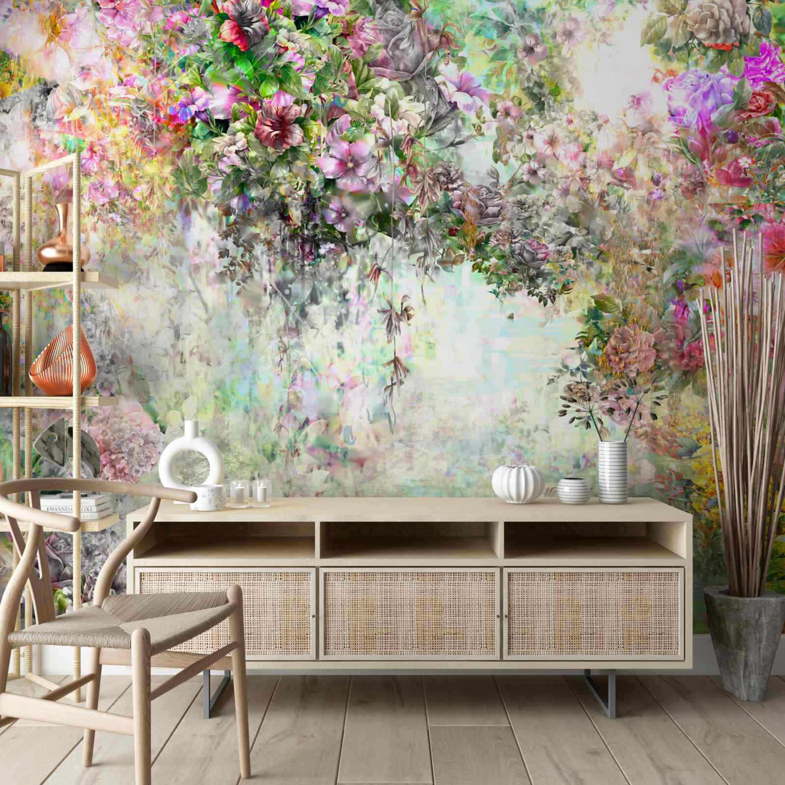 Fotobehang schilderachtig zomerpad bezaaid met bloemen in het bos