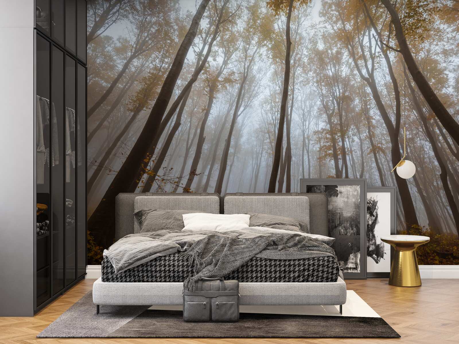 Fotobehang slanke, hoge bomen in de herfst