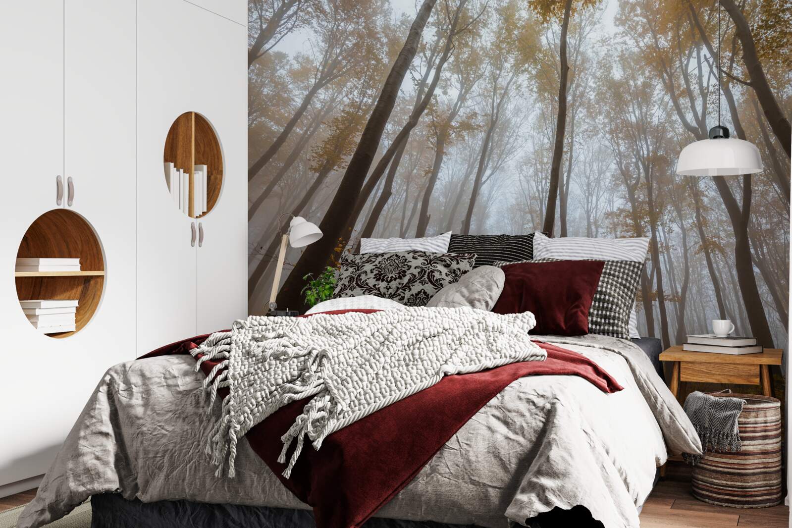 Fotobehang slanke, hoge bomen in de herfst