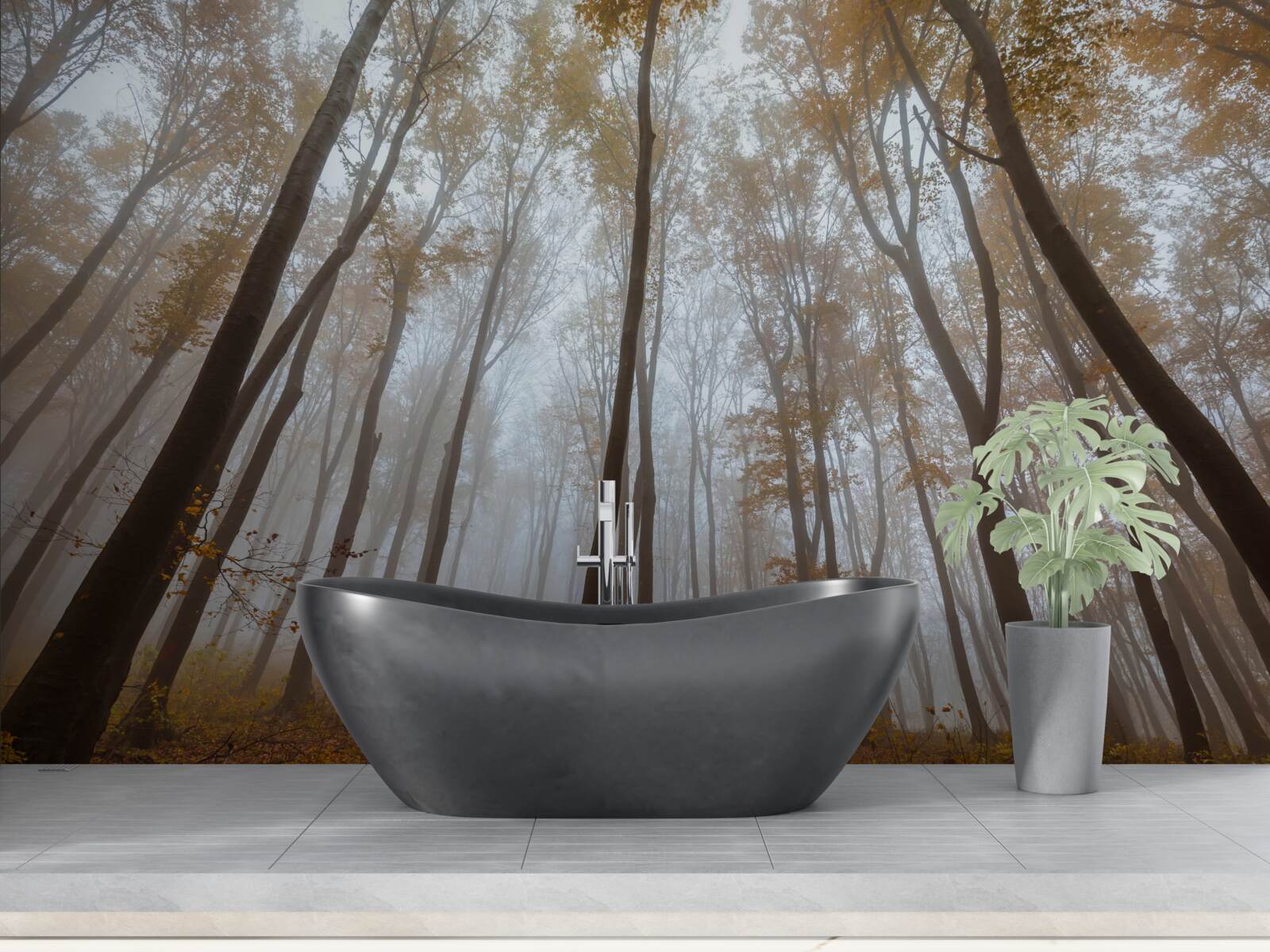 Fotobehang slanke, hoge bomen in de herfst