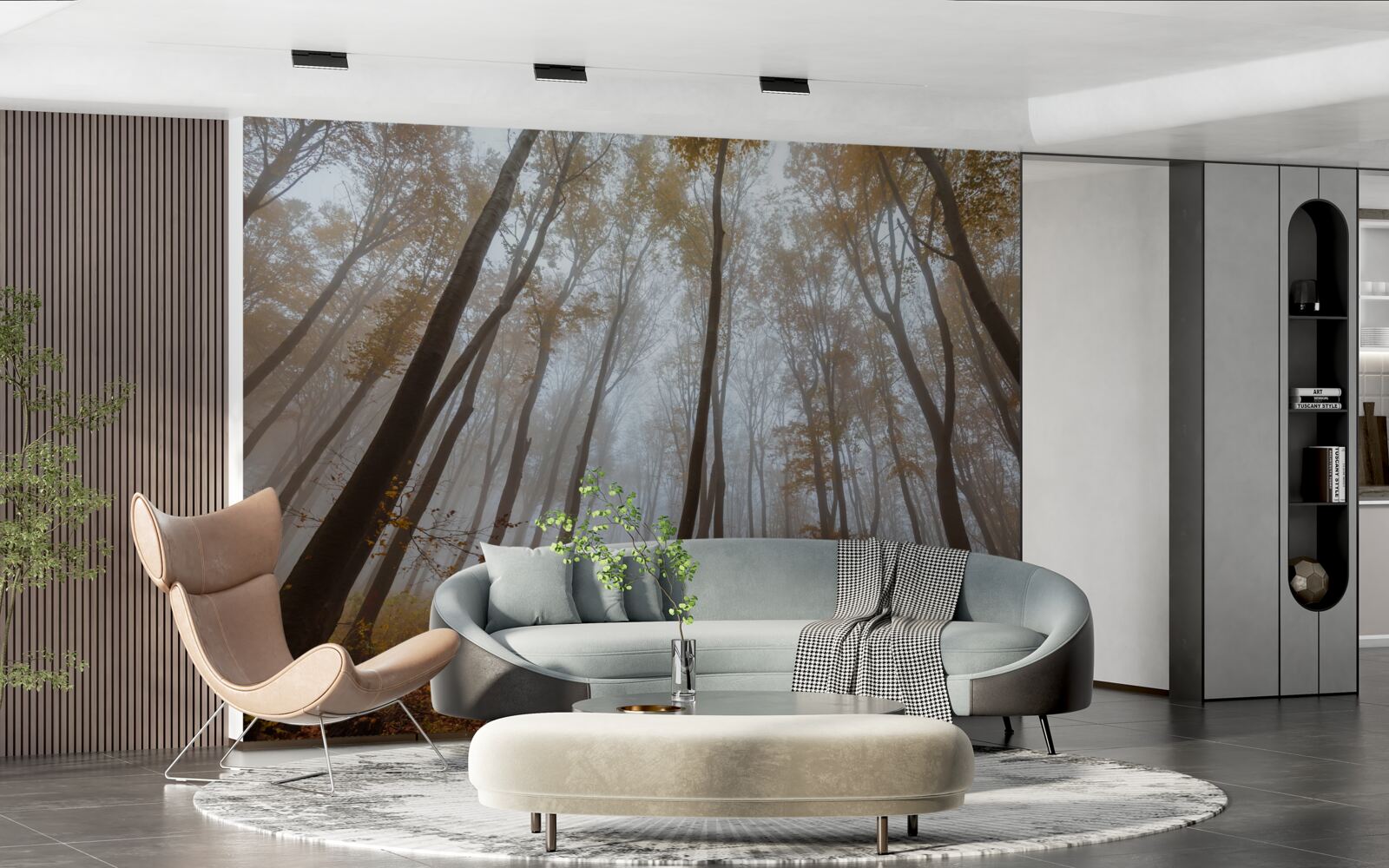 Fotobehang slanke, hoge bomen in de herfst