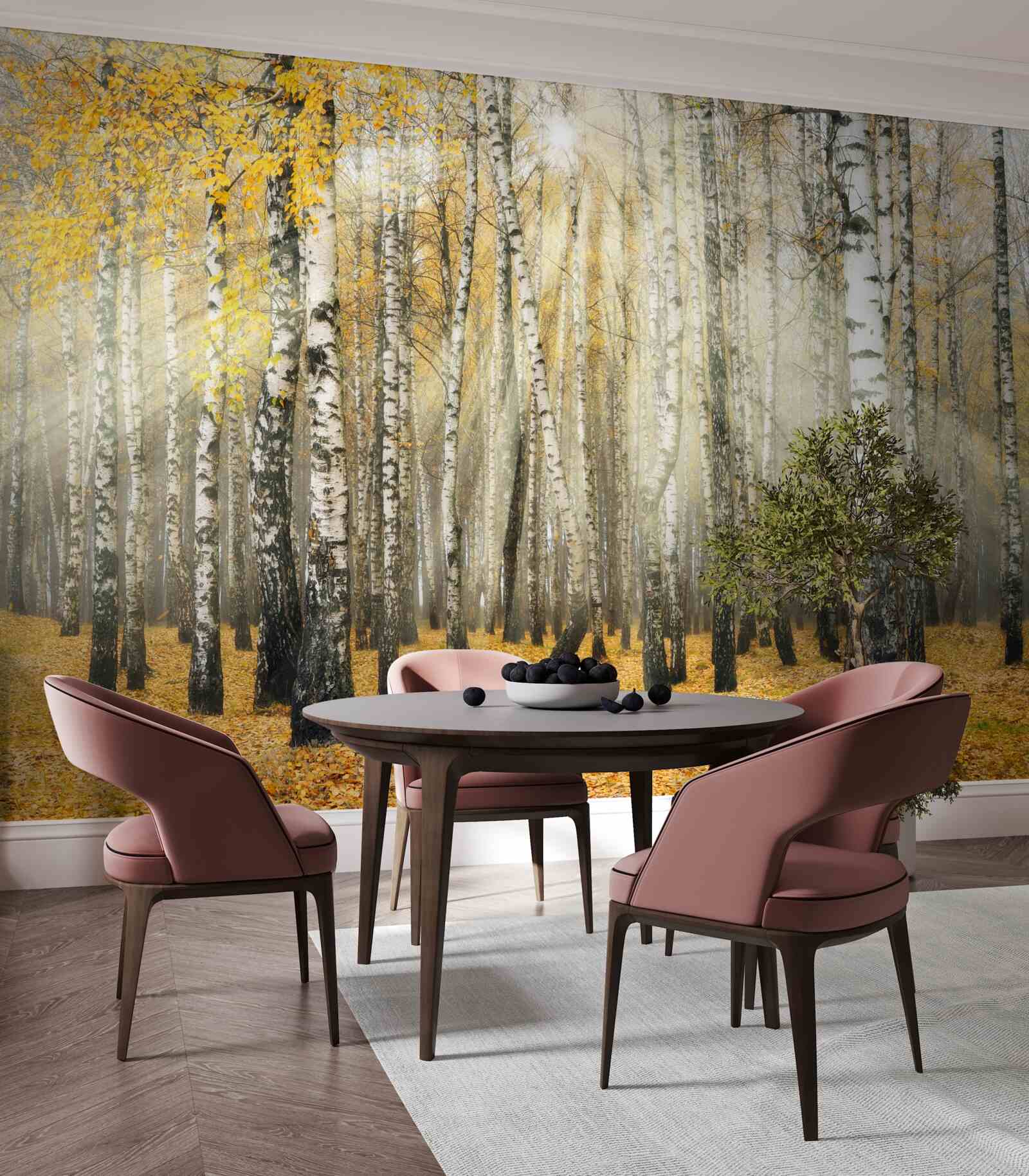 Fotobehang Gevallen berkenbladeren in een herfstbos