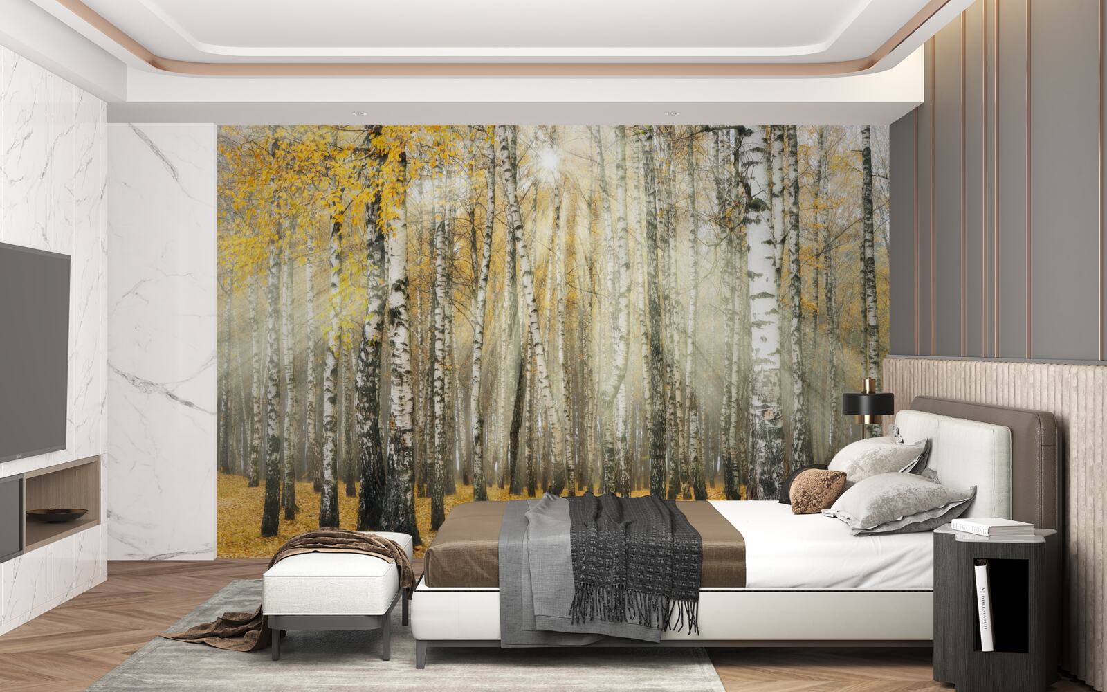 Fotobehang Gevallen berkenbladeren in een herfstbos