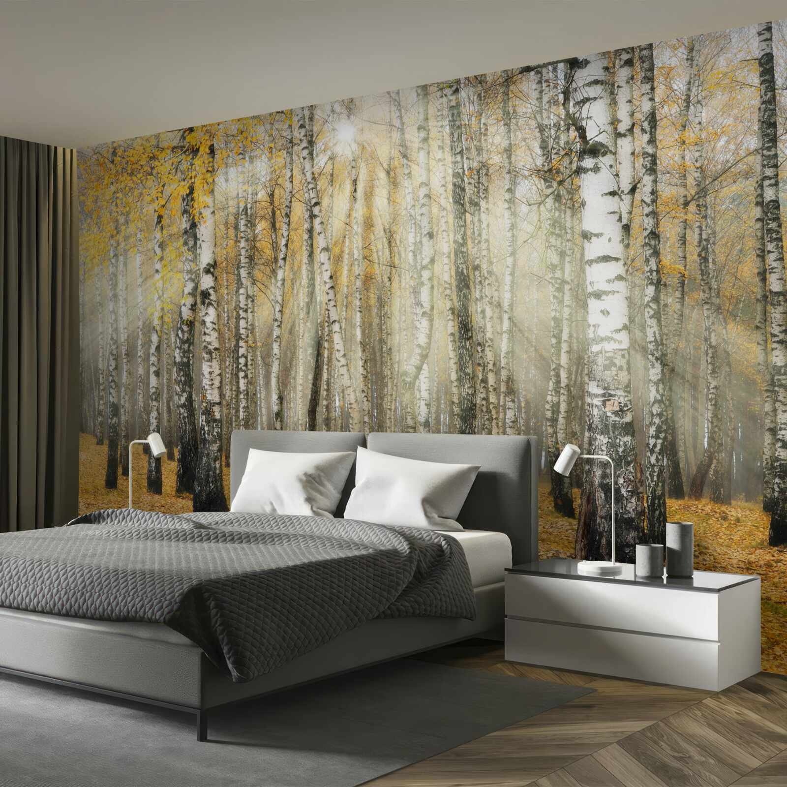 Fotobehang Gevallen berkenbladeren in een herfstbos