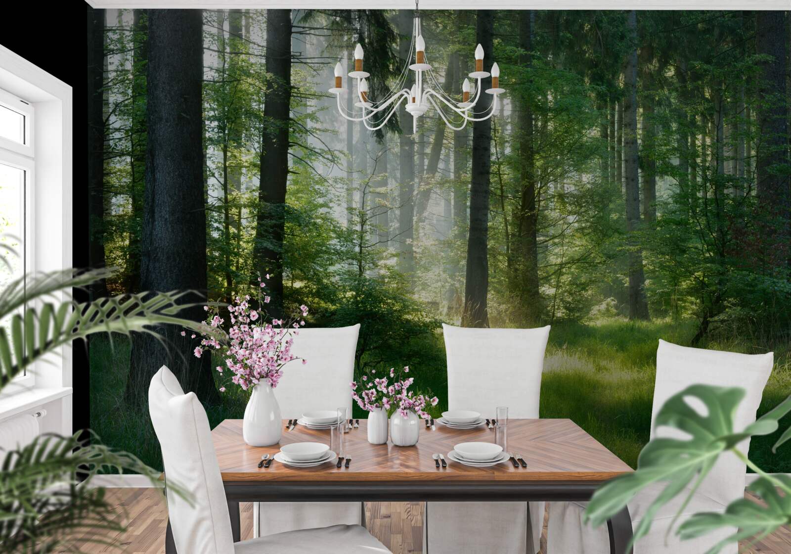 Fotobehang een ochtend in het bos, omringd door groen