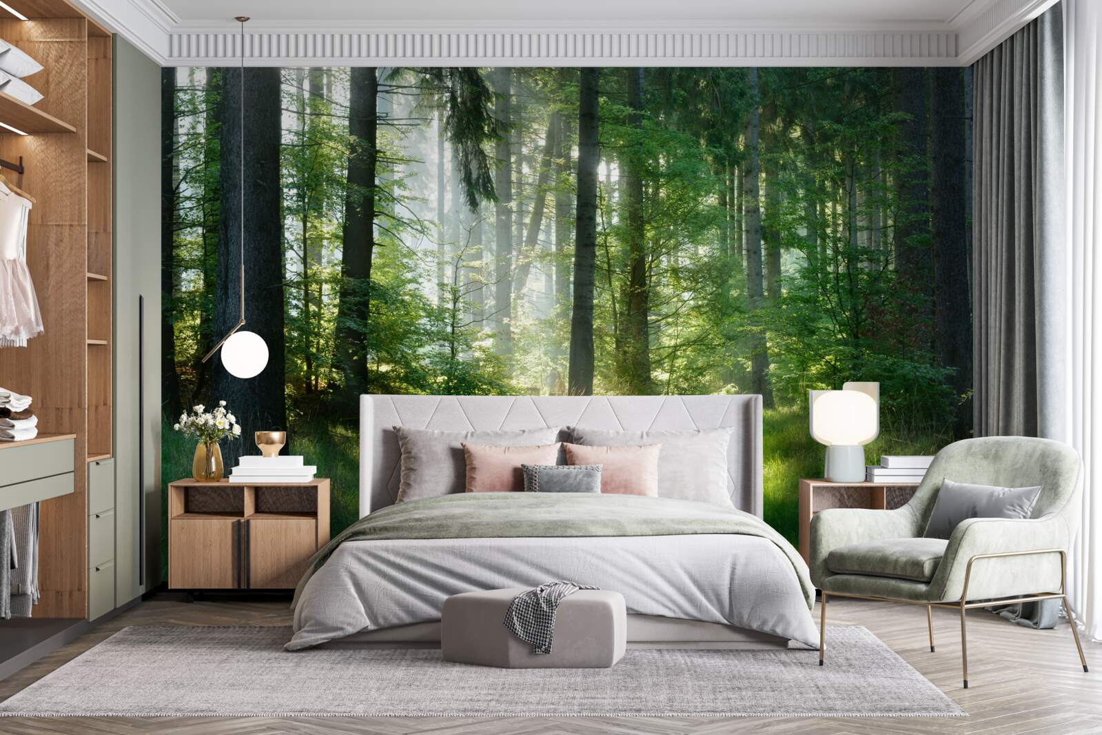 Fotobehang een ochtend in het bos, omringd door groen