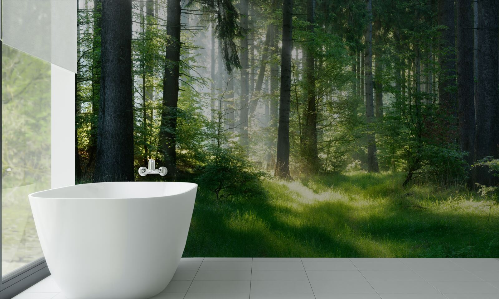 Fotobehang een ochtend in het bos, omringd door groen