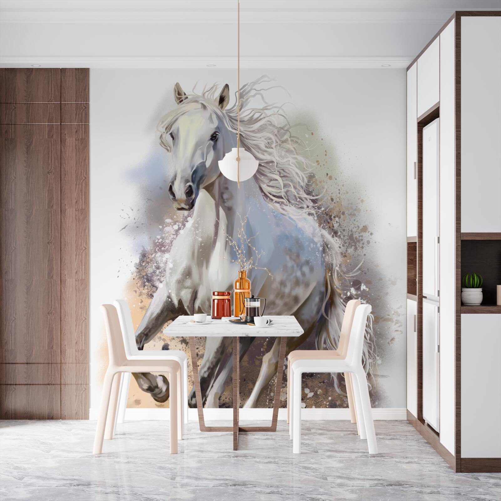 Fotobehang Sneeuwwit paard met weelderige manen galoppeert snel