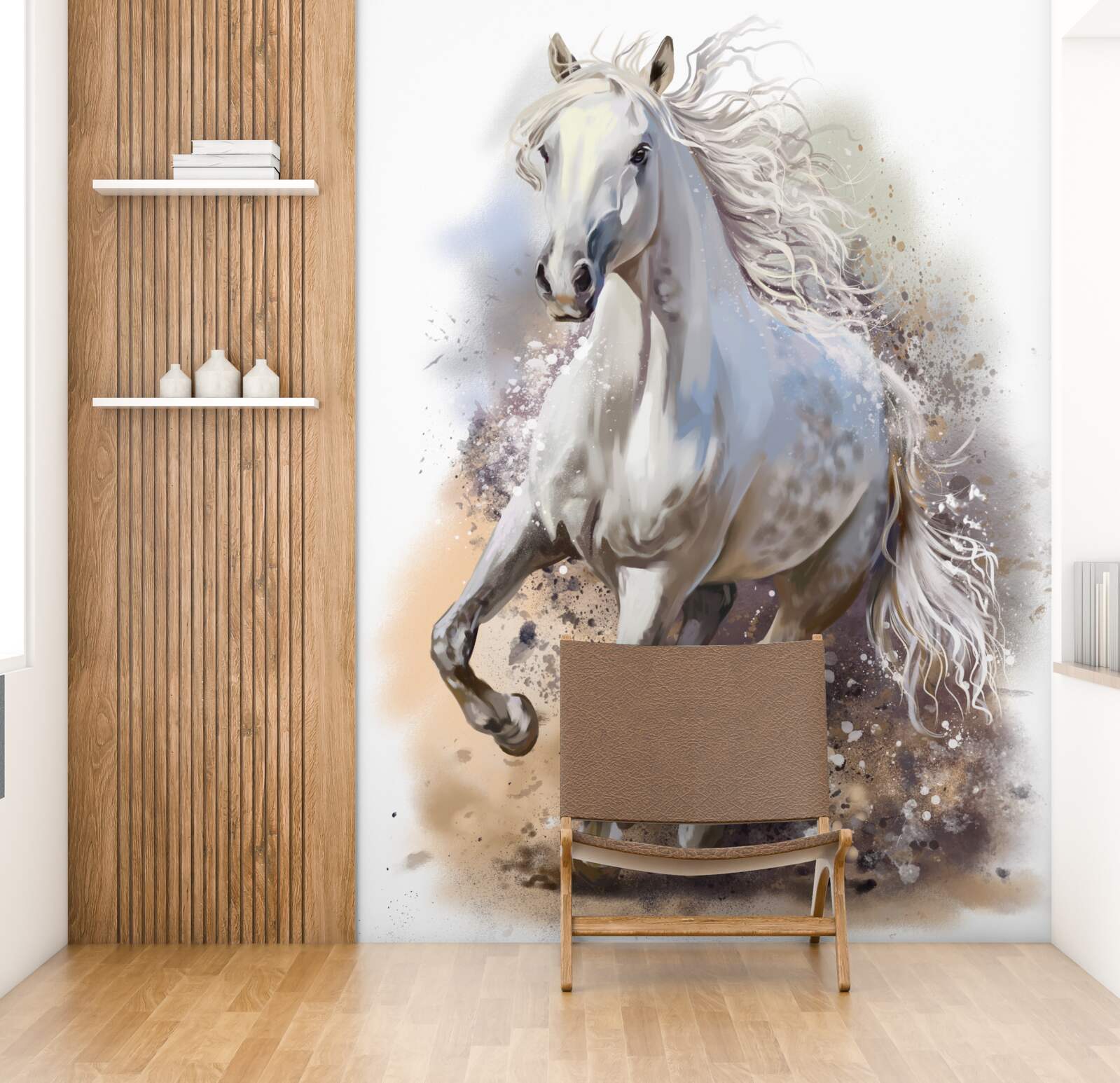 Fotobehang Sneeuwwit paard met weelderige manen galoppeert snel