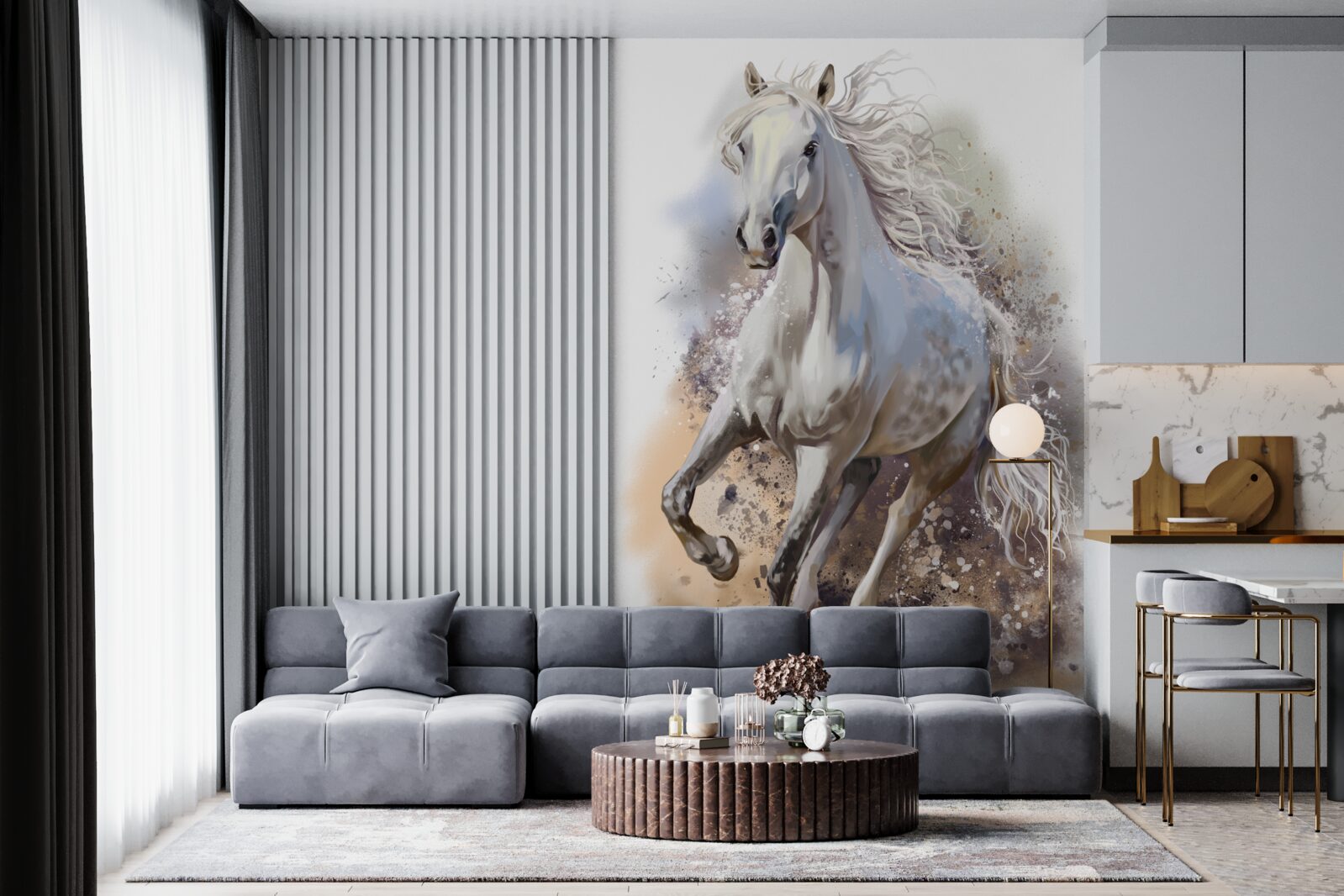 Fotobehang Sneeuwwit paard met weelderige manen galoppeert snel