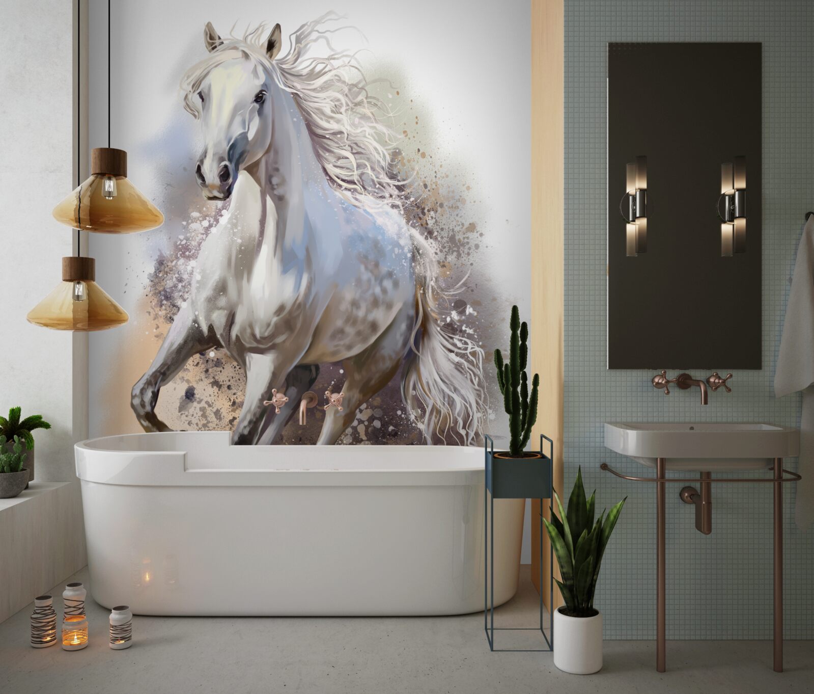 Fotobehang Sneeuwwit paard met weelderige manen galoppeert snel