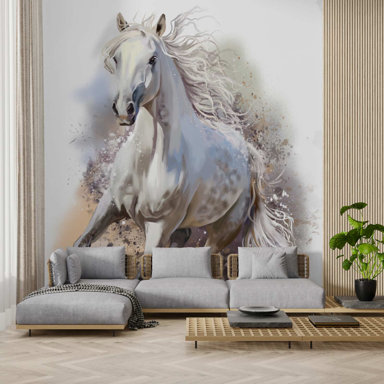 Fotobehang Sneeuwwit paard met weelderige manen galoppeert snel