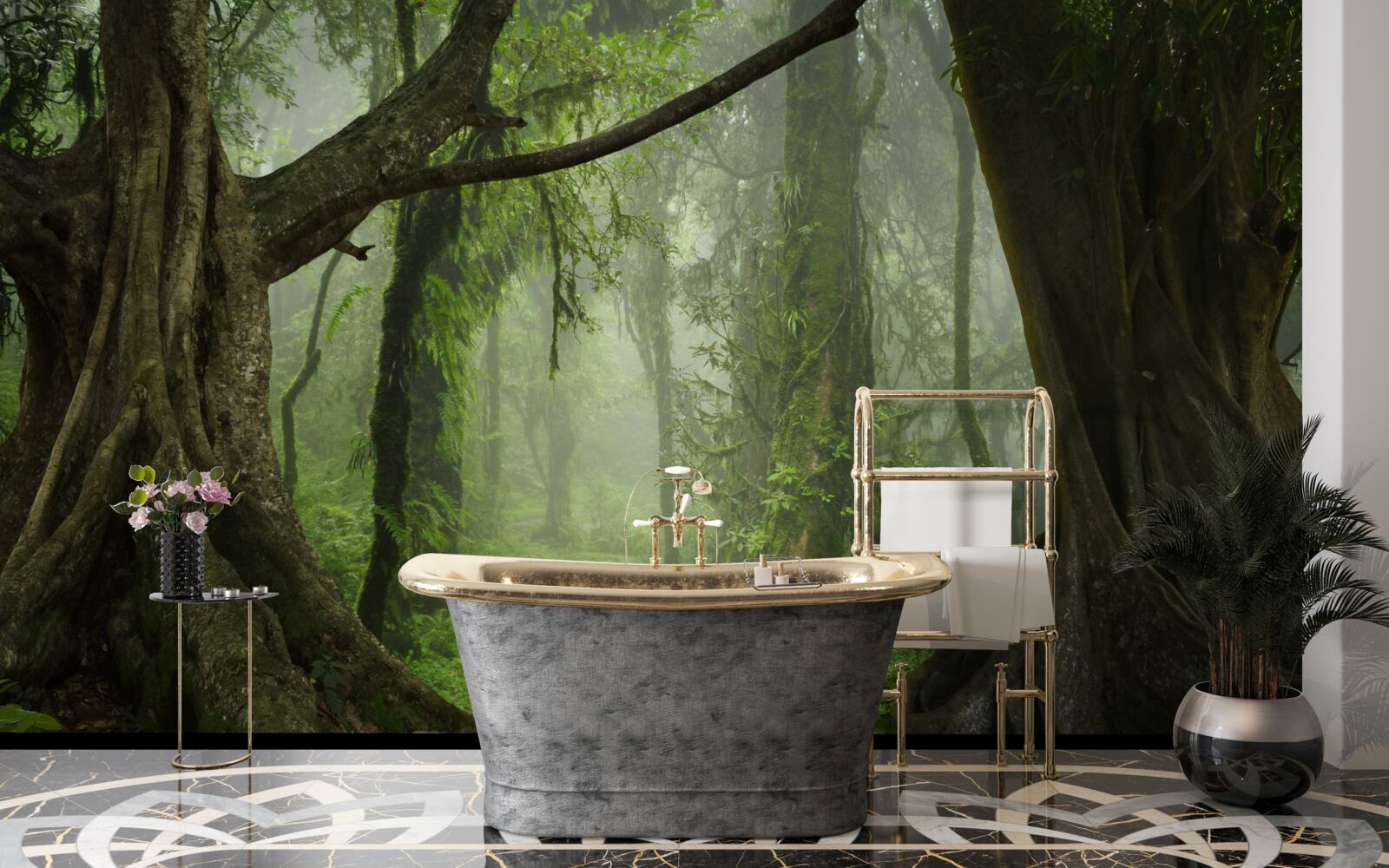 Fotobehang mystiek pad omgeven door weelderig bos