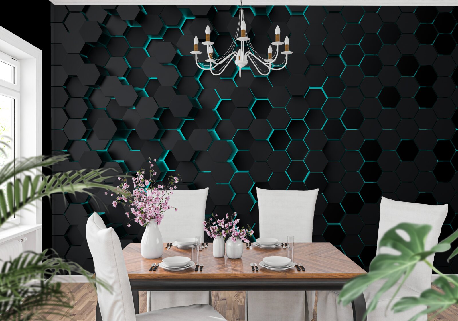 Fotobehang neon zwart honingraat