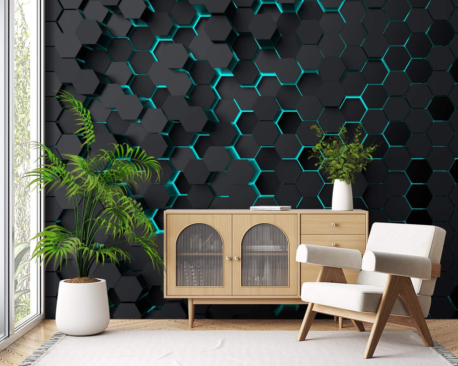 Fotobehang neon zwart honingraat