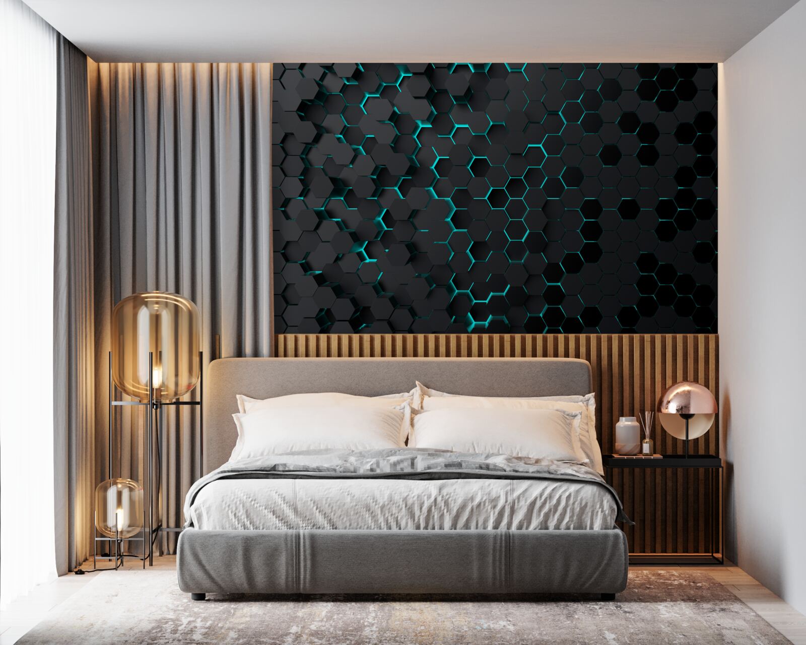 Fotobehang neon zwart honingraat