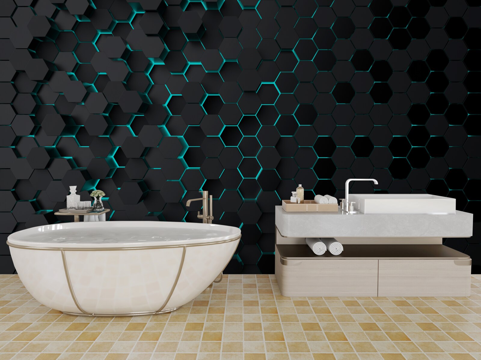 Fotobehang neon zwart honingraat