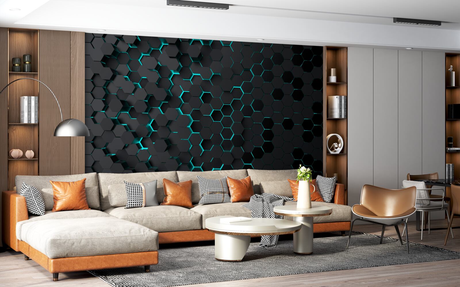 Fotobehang neon zwart honingraat