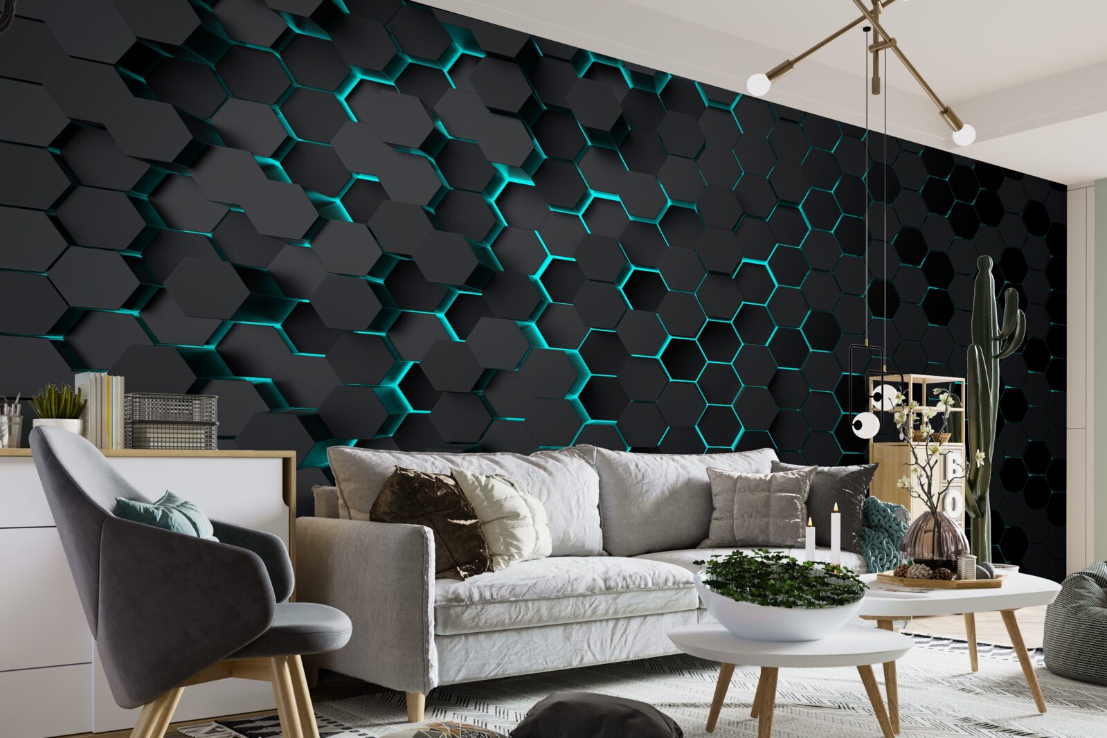 Fotobehang neon zwart honingraat