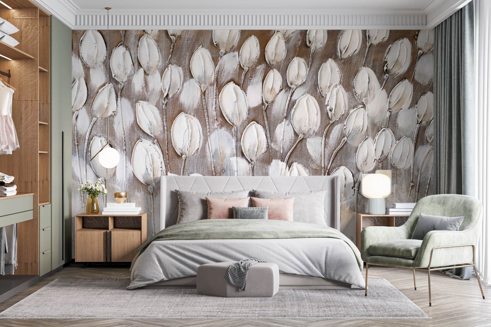 Fotobehang de witte tulpen in het veld zijn nog niet open