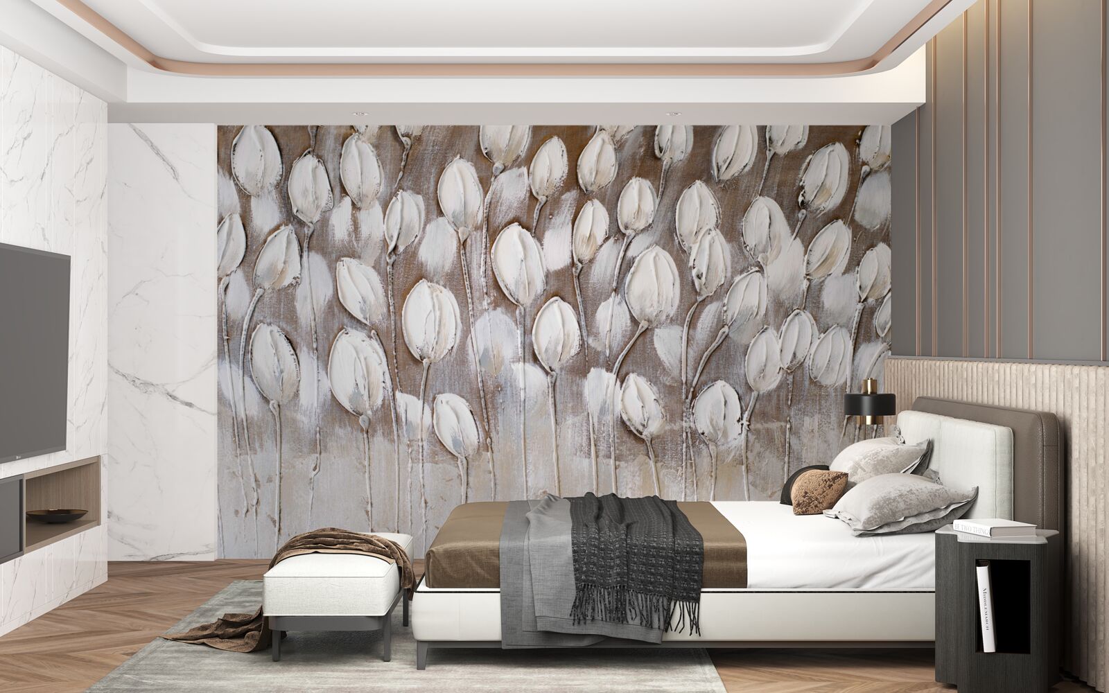 Fotobehang de witte tulpen in het veld zijn nog niet open