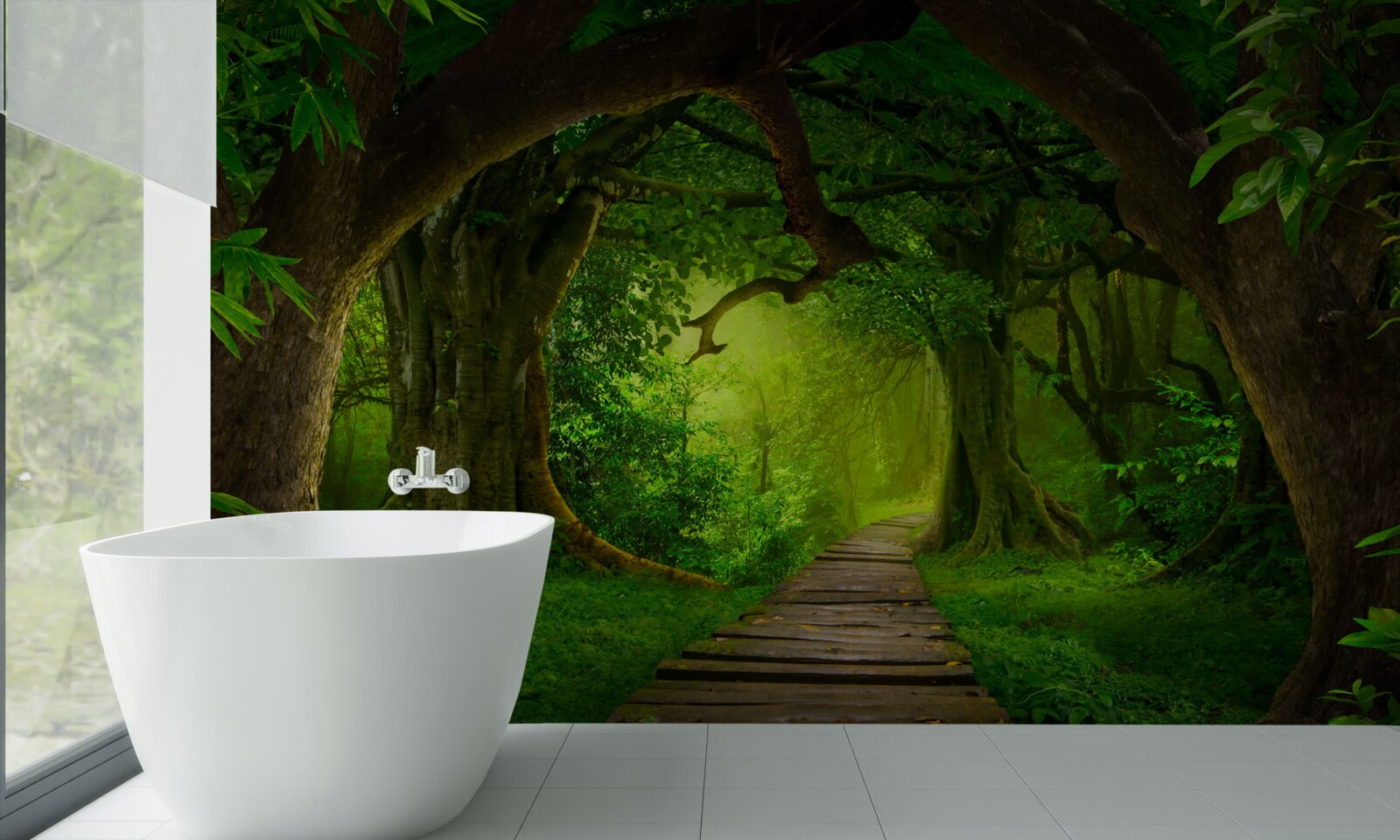 Fotobehang duidelijk pad tussen eeuwenoude bosbomen