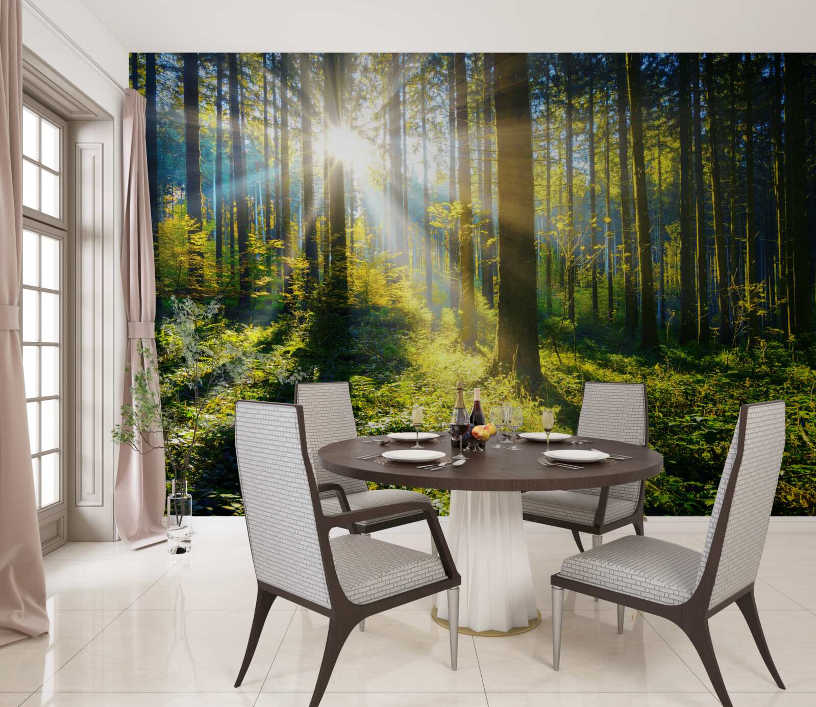 Fotobehang helder licht verwarmt een verduisterd struikgewas