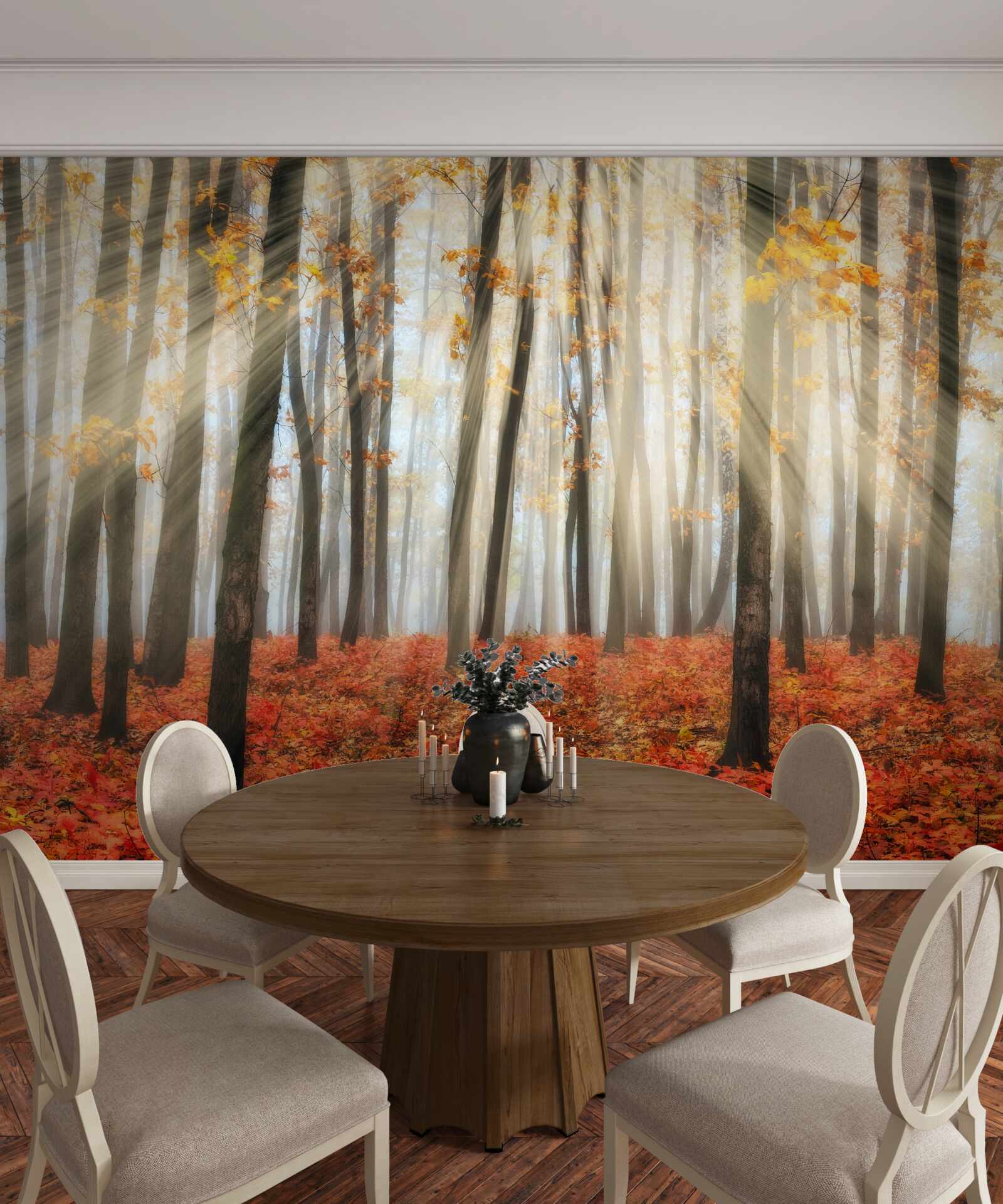 Fotobehang zonneschijn en sierlijke herfstbomen die hun bladeren hebben verloren