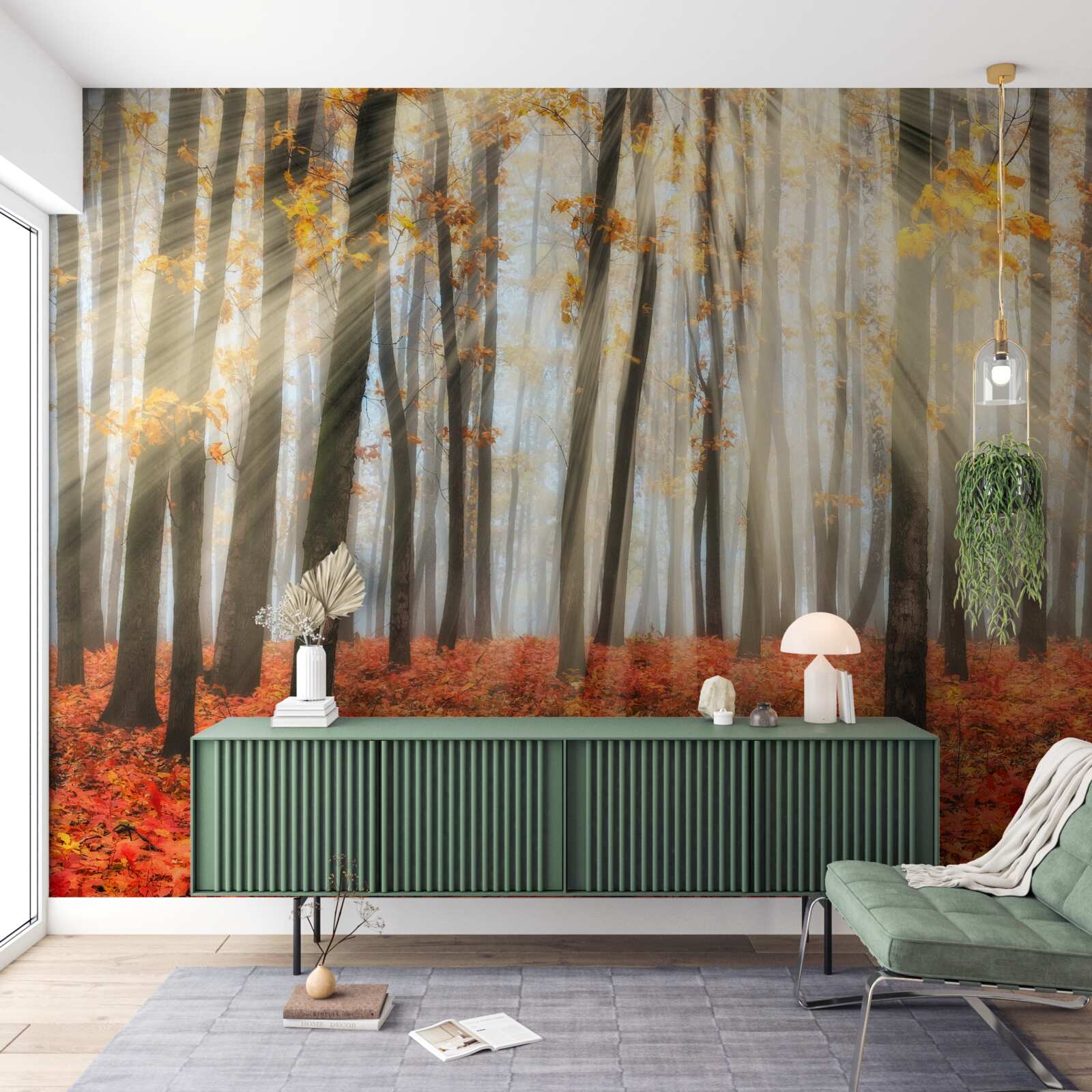 Fotobehang zonneschijn en sierlijke herfstbomen die hun bladeren hebben verloren